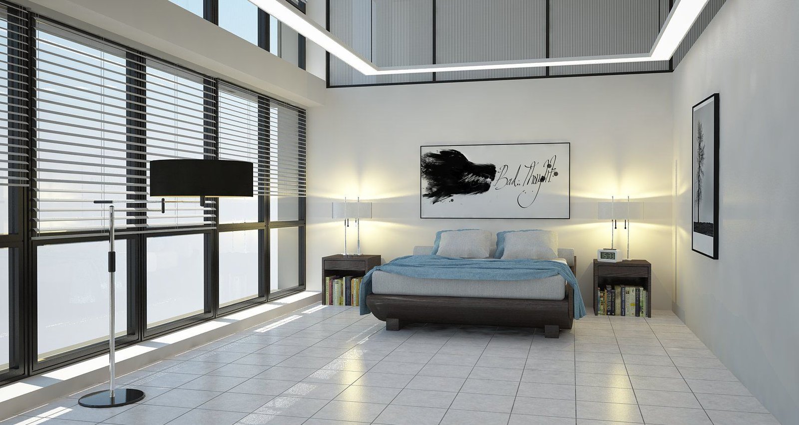Dormitorio moderno minimalista con grandes ventanales — proyecto Cemento, por Cerámica Cañuelas