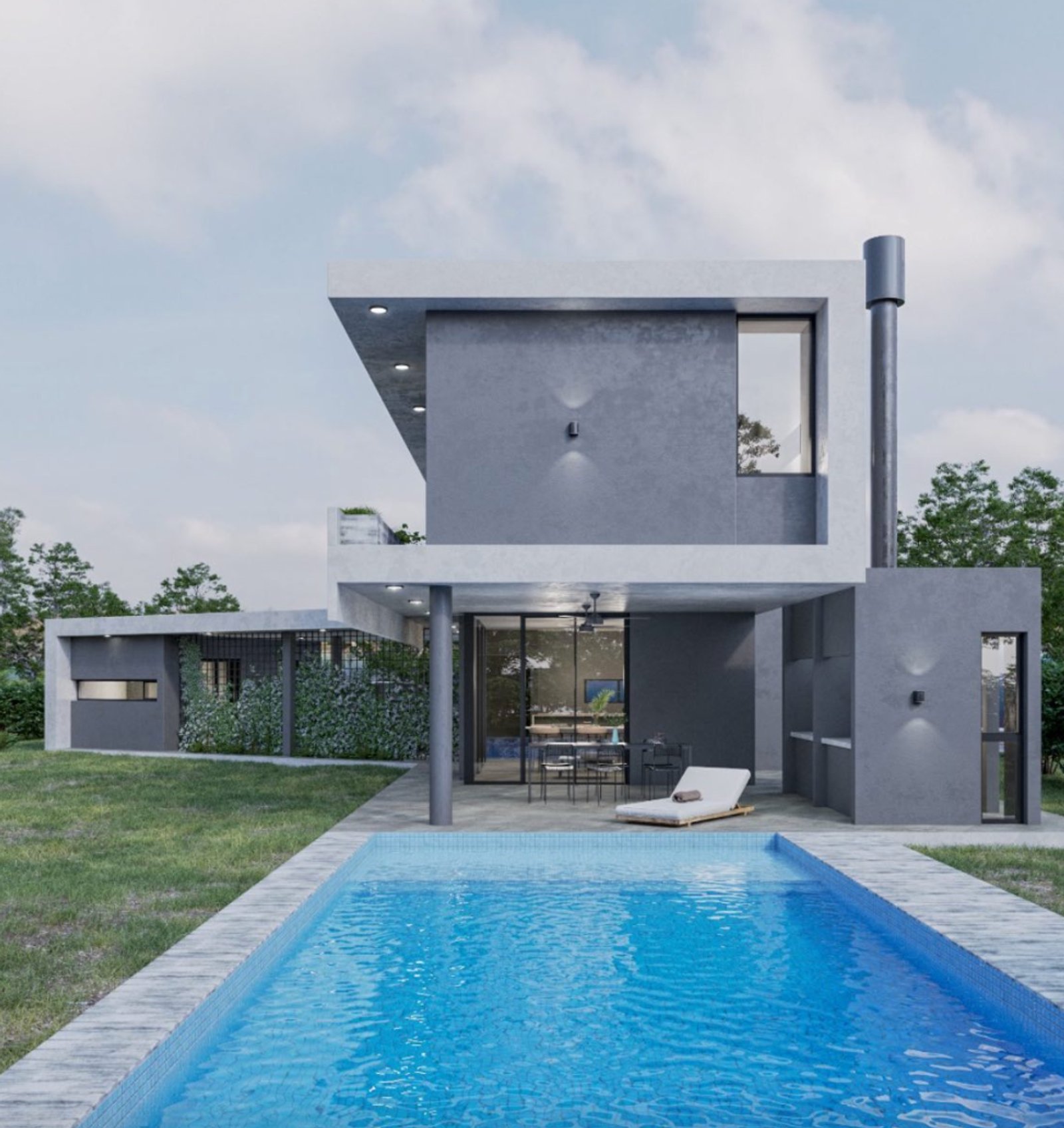 Casa moderna com piscina e gramado | Fachada cinza minimalista — projeto Casa San Sebastián., por Arcucci Arquitectura, em José Hernández 6498 (continuación