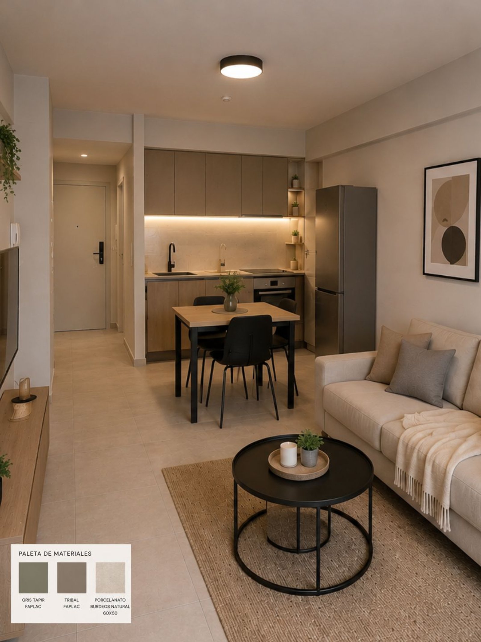 Living comedor y cocina modernos, paleta neutra, estilo minimalista — proyecto Proyecto monoambiente, por Lumen interiores , en Buenos Aires