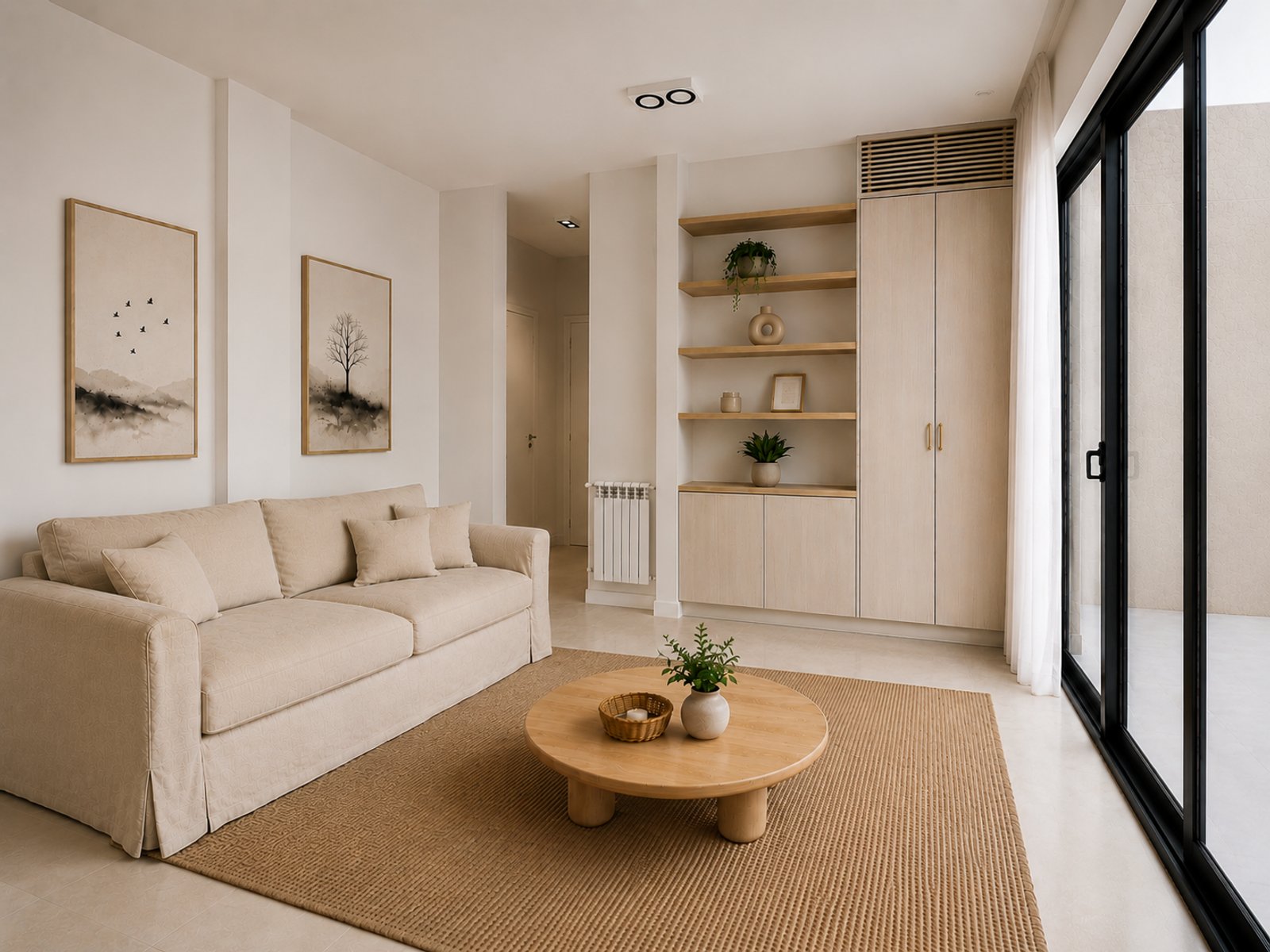 Living moderno escandinavo con sofá beige y mucha luz — proyecto Arenales, por Equipe, en Buenos Aires