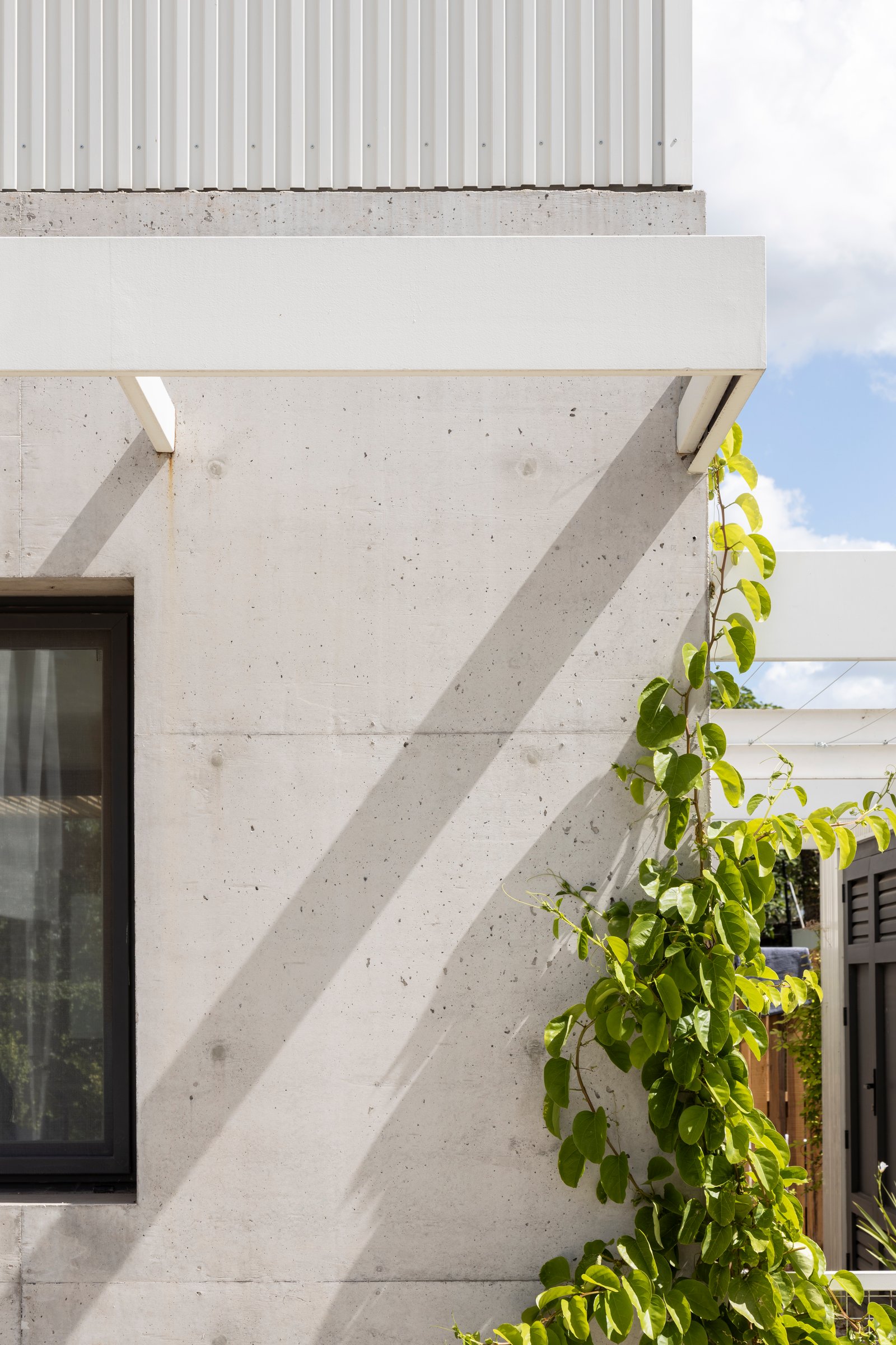 Fachada moderna de concreto com trepadeira e sombras — projeto CASA CC, por Rastro Estudio, em San Isidro