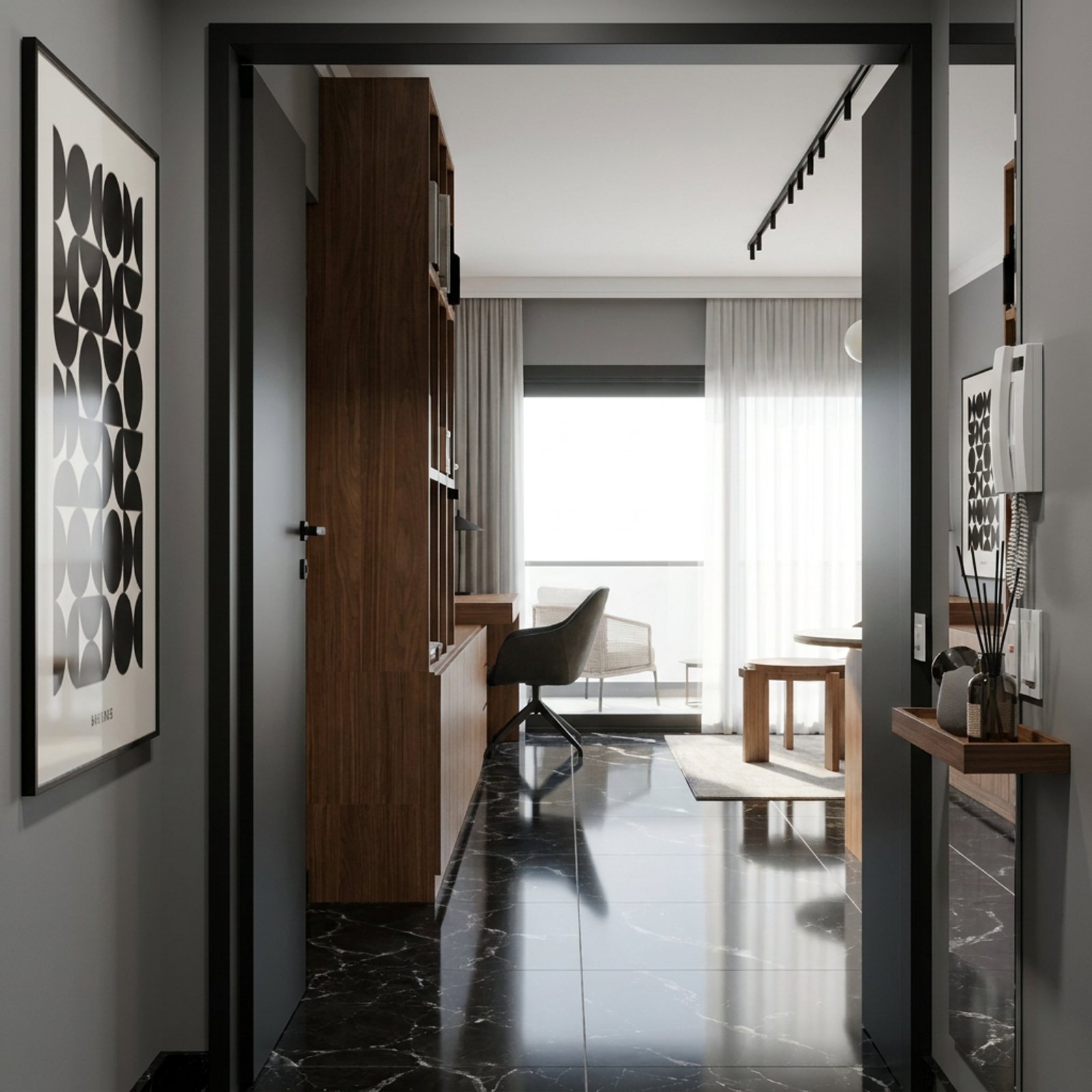 Pasillo moderno con oficina y obra de arte abstracta — proyecto Diseño de departamento masculino , por Mela Deco Design, en Buenos Aires