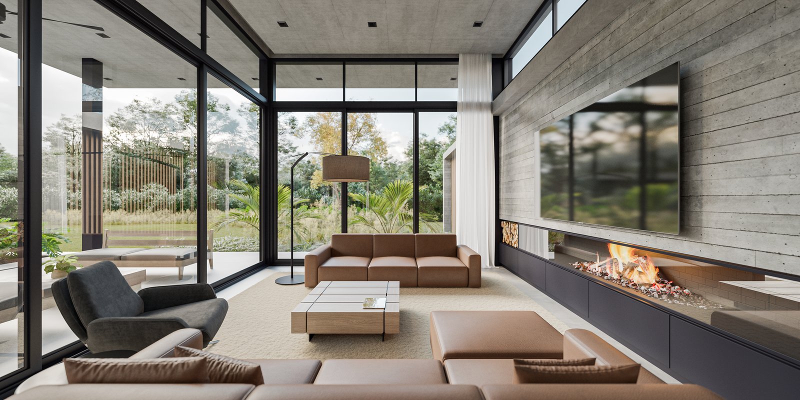 Living moderno con paredes de concreto, ventanales y chimenea lineal — proyecto Casa LAZO, por Grupo CRBN, en B2812 Exaltación de la Cruz