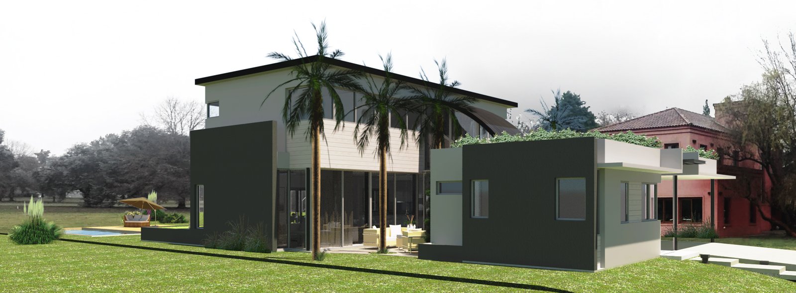 Fachada moderna com piscina e palmeiras — projeto Casa SuAl, por Arquitecto, em Blas Parera 1300