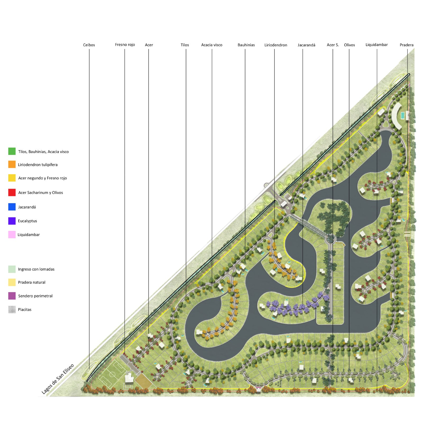 Planta de condomínio residencial triangular com lagoas e arborização — projeto Masterplan arbolado urbano - Lagos de San Eliseo, por Estudio Rifahi, em San Vicente