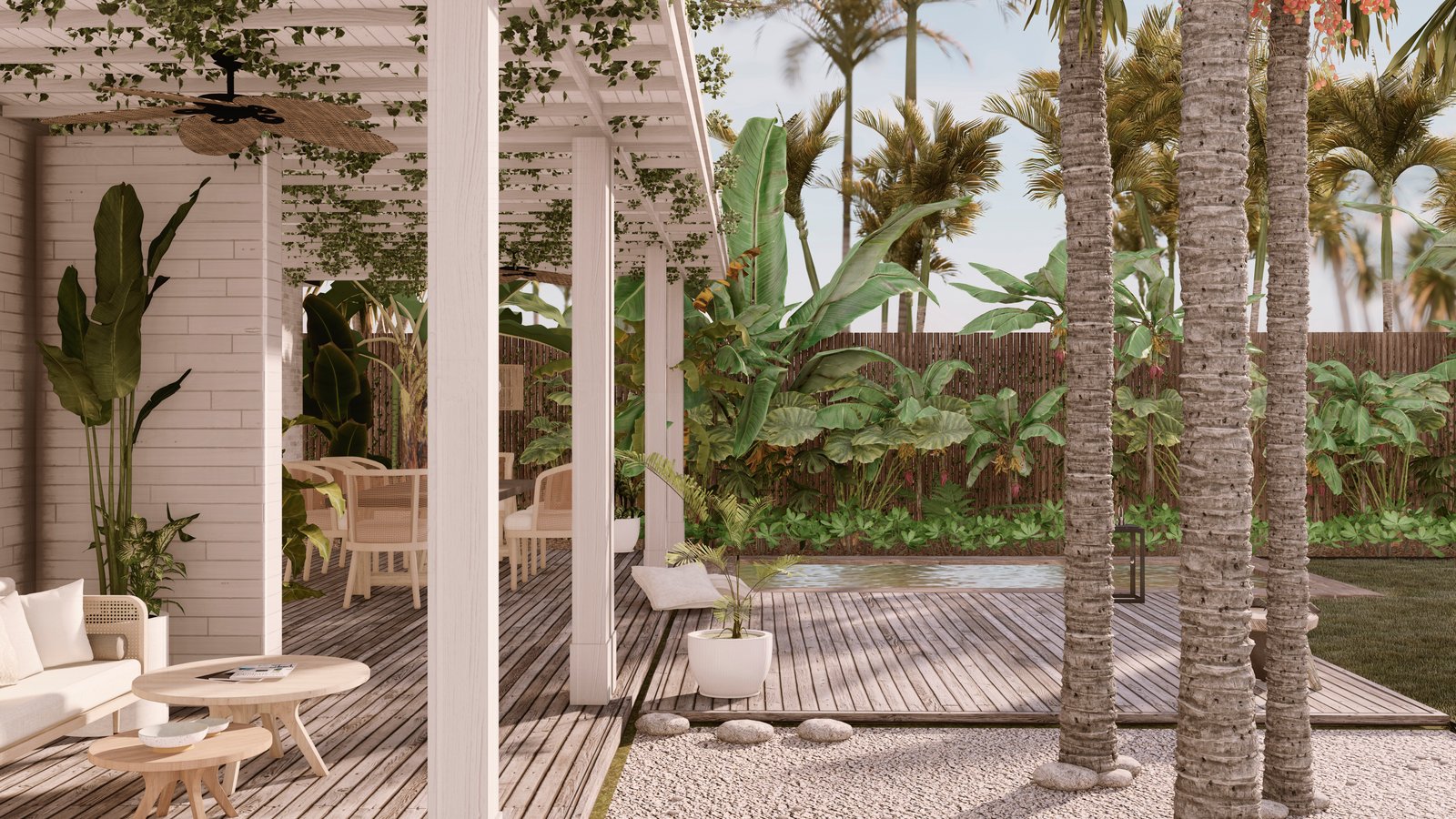 Living exterior con vegetación exuberante y muebles de ratán — proyecto Coral House, por zuloagastudio, en North Miami
