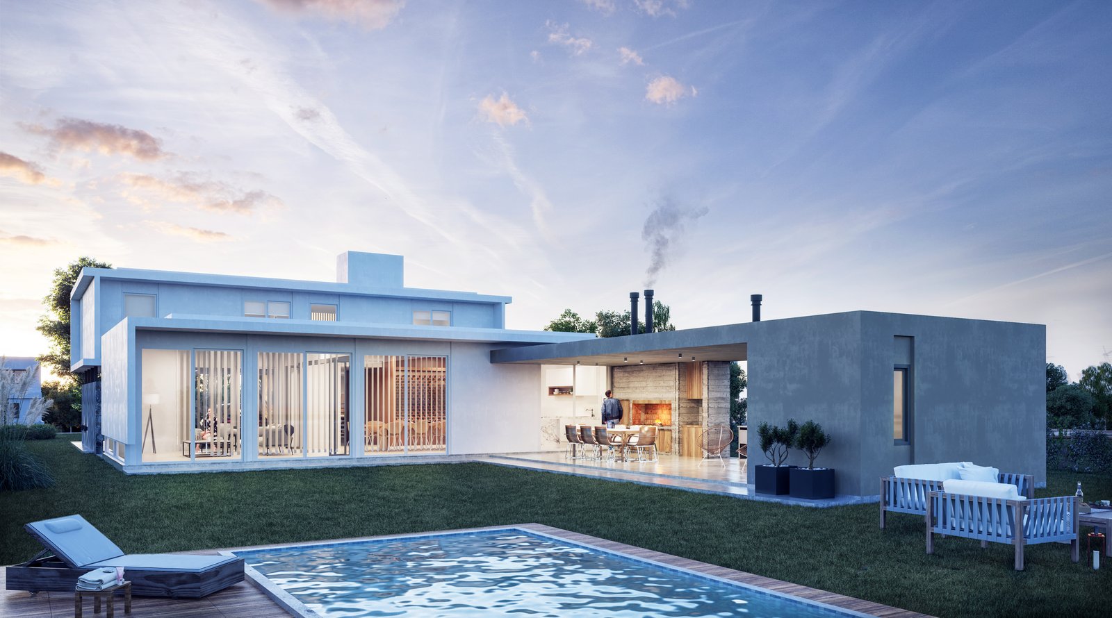 Casa moderna com piscina e fachada de concreto branco — projeto Casa JT, por Arquitecto German D`Gaudio, em Unquillo