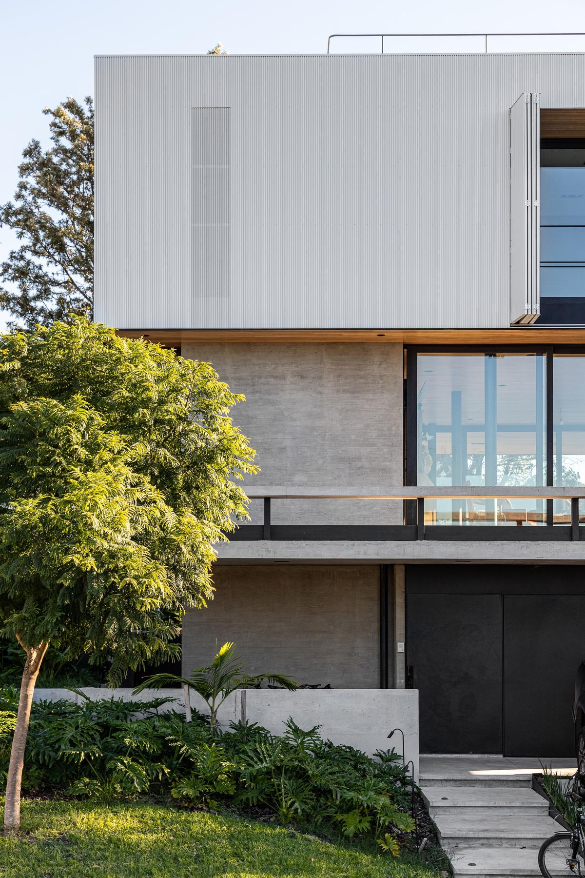 Fachada moderna de concreto e vidro com vegetação exuberante — projeto Casa NTM, por BDB Arquitectos, em San Isidro