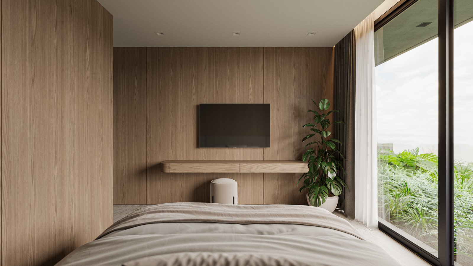 Dormitorio moderno con revestimiento de madera cálida y luz indirecta — proyecto Casa CALMA, por Grupo CRBN, en Av. de los Lagos 100