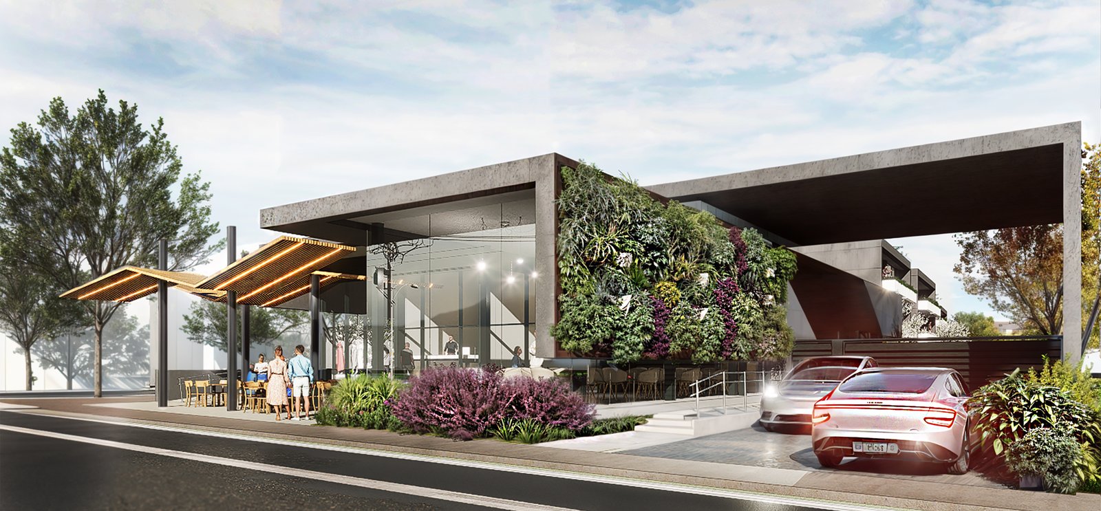 Fachada comercial moderna con pared verde, pérgola de madera y autos eléctricos — proyecto PARQUE ALTO LIBERTADOR SUITTE, por ML ARQUITECTURA / ARQ. MARIANO LEOTTA, en San Juan