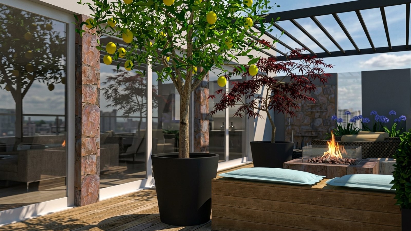 Varanda moderna com árvore frutífera, deck de madeira e vista urbana — projeto Terraza de edificio, por LM arquitecta+paisajista, em Villa María