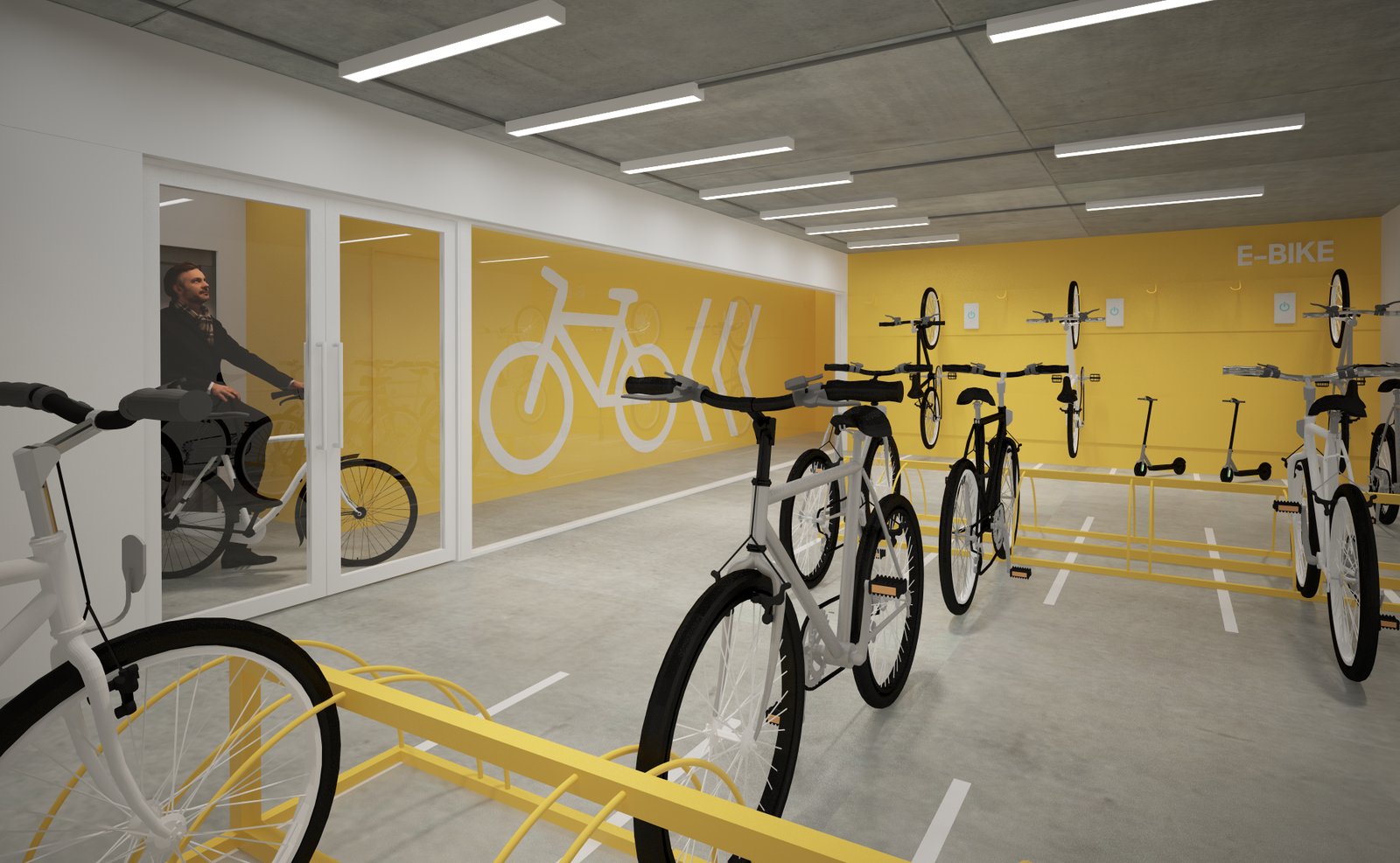 Área de almacenamiento de bicicletas eléctricas en interior industrial — proyecto Edificio Complejo Araoz-Scalabrini, por LW Lopez Wolder arquitectos, en Av. Raúl Scalabrini Ortiz 