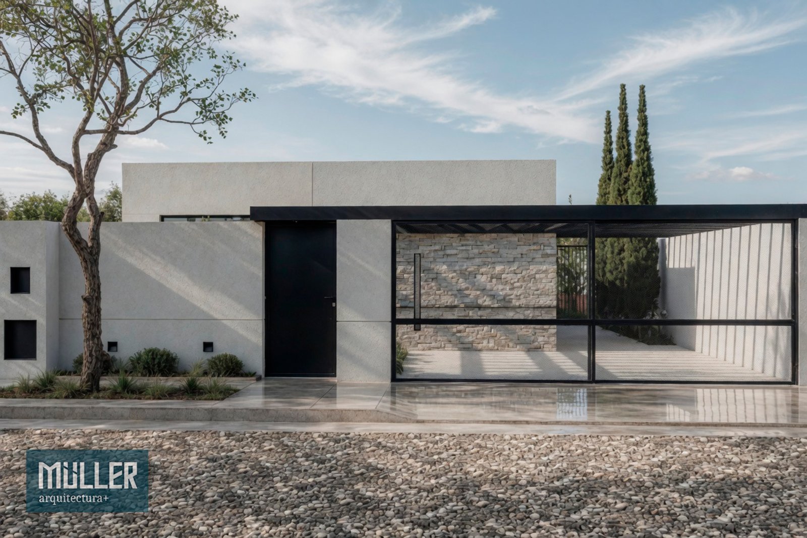 Fachada moderna de hormigón blanco con grandes ventanales de vidrio — proyecto CASA S, por Arquitecto Germán Müller, en Plottier