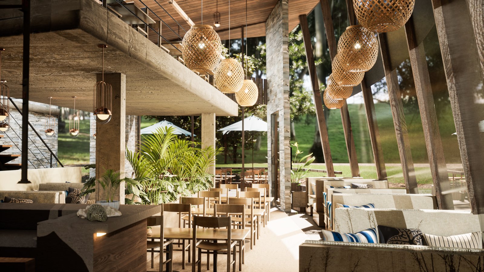 Comedor moderno con luces colgantes de mimbre y vistas al bosque — proyecto Paseo Comercial Costa del Este, por COMOTTO - SOMMER  - ARQUITECTOS, en Costa del Este
