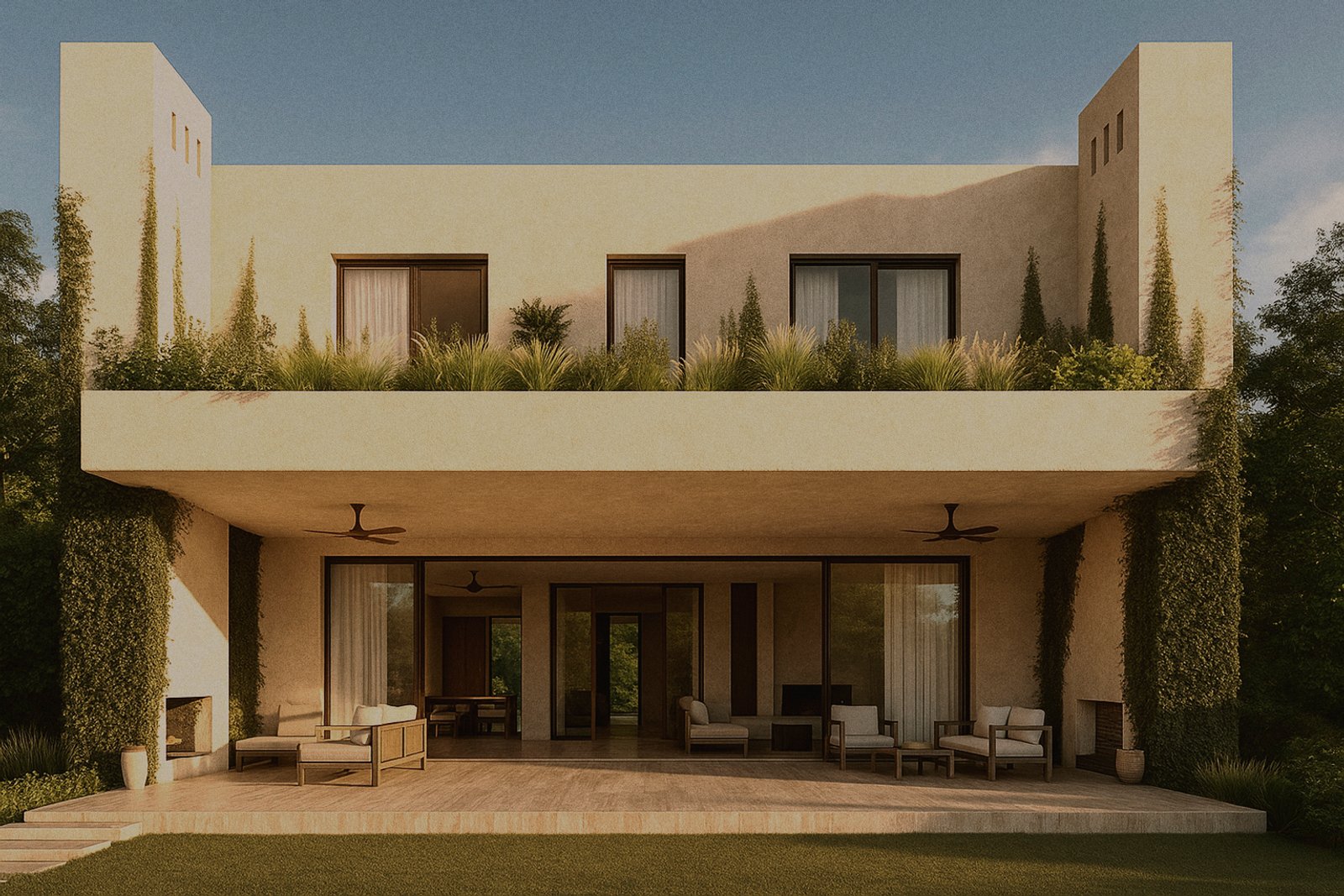 fachada moderna mediterránea con vegetación integrada — proyecto Casa Sabi, por zuloagastudio, en Rincón de Milberg