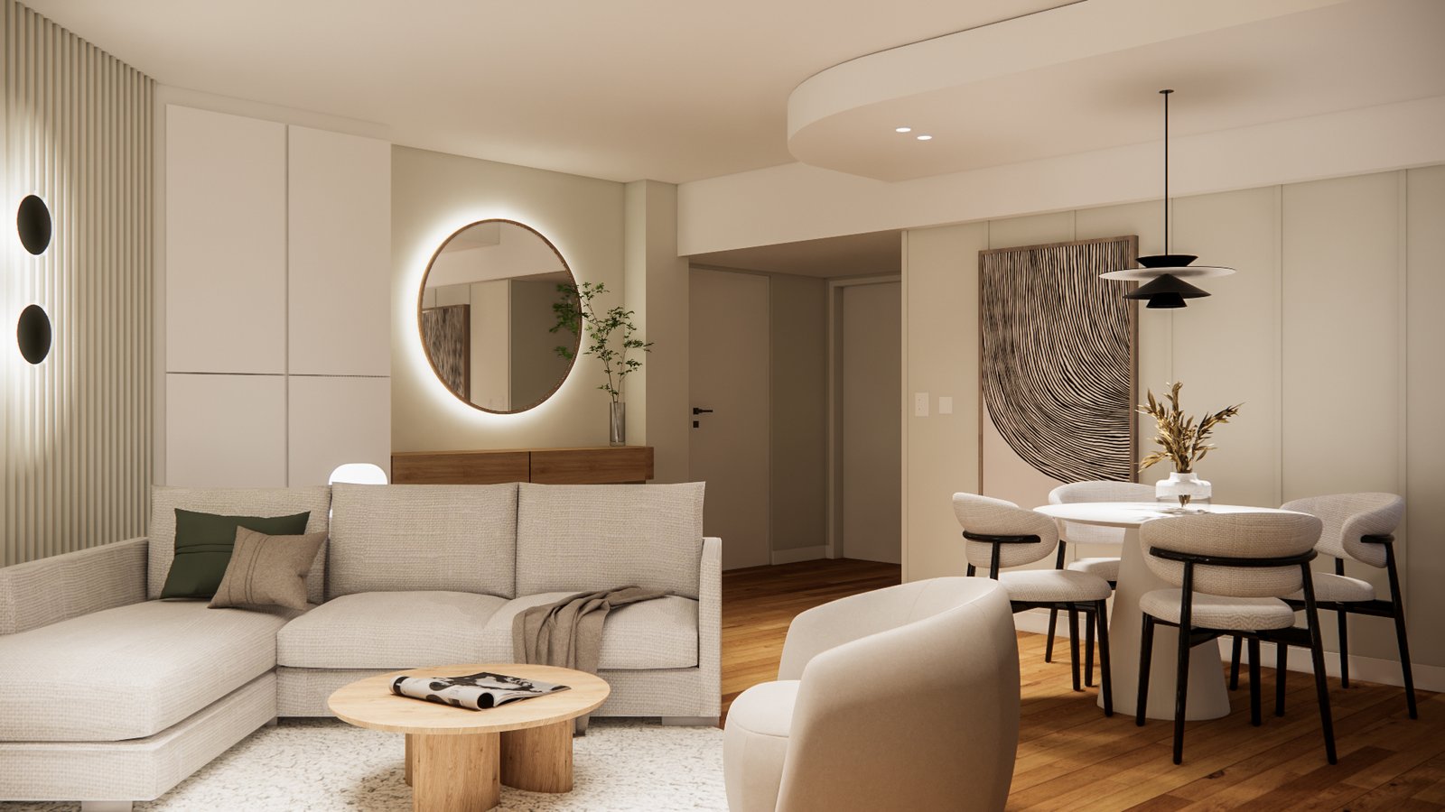 Sala de estar e jantar moderna com detalhes curvos e iluminação indireta — projeto Diseño de departamento moderno y elegante, por Mela Deco Design, em Buenos Aires