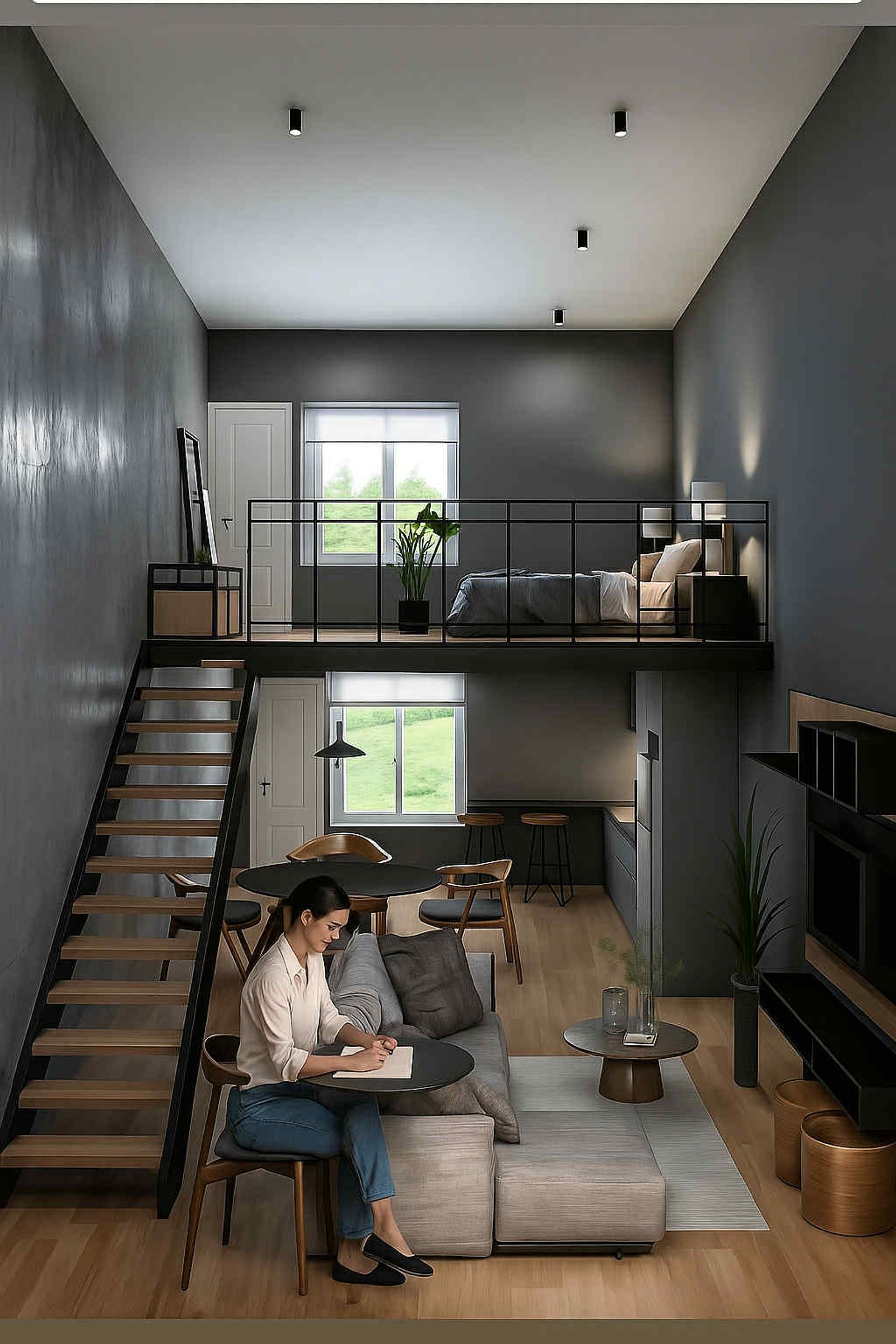 Duplex moderno con entrepiso y escaleras flotantes — proyecto Casa de la laguna., por Arquitecto Gustavo Maidana, en Caá Catí