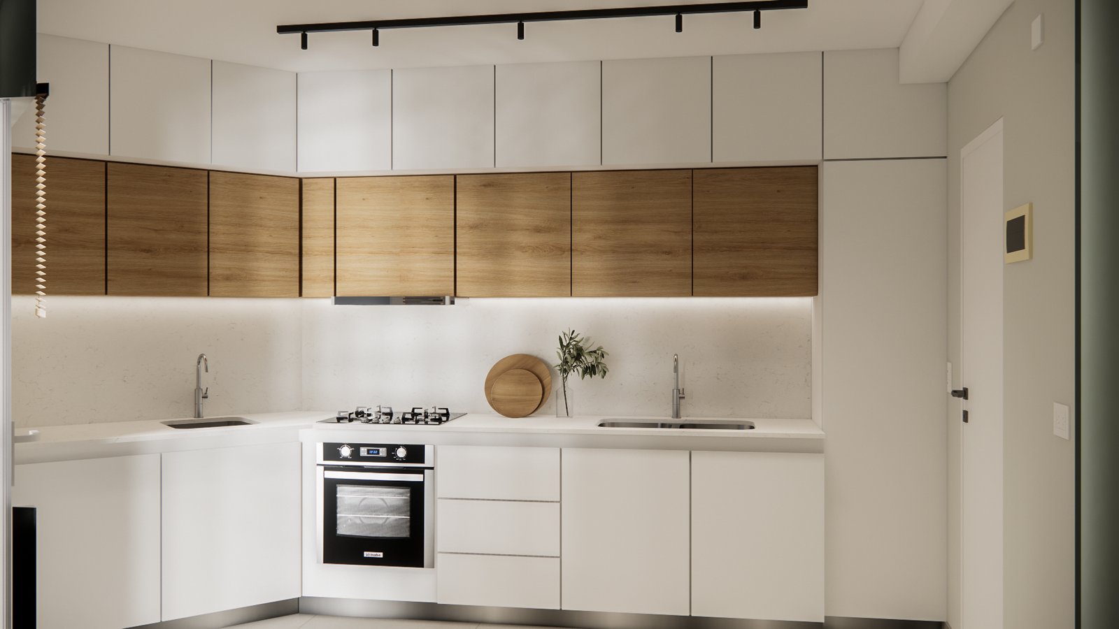Cocina moderna escandinava con gabinetes de madera y blancos — proyecto Diseño de departamento moderno y elegante, por Mela Deco Design, en Buenos Aires