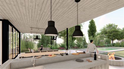 Quincho contemporáneo con isla central, luces colgantes y jardín — proyecto Casa Patio, por Grupo Studio, en Córdoba