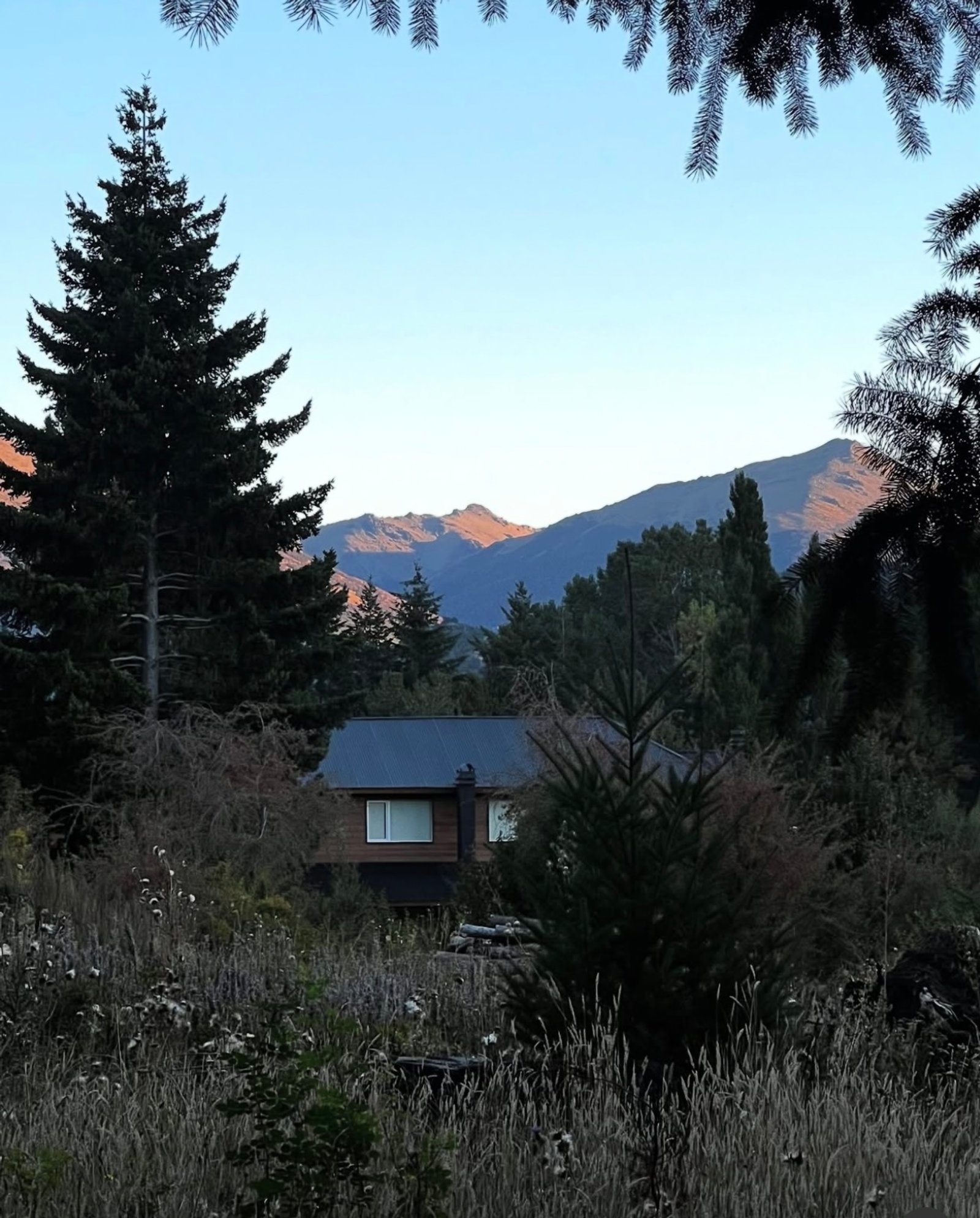 casa moderna cercada por montanha e vegetação ao entardecer — projeto La Pampita, por Arquitecta Grace Overgaard, em Lago Gutiérrez