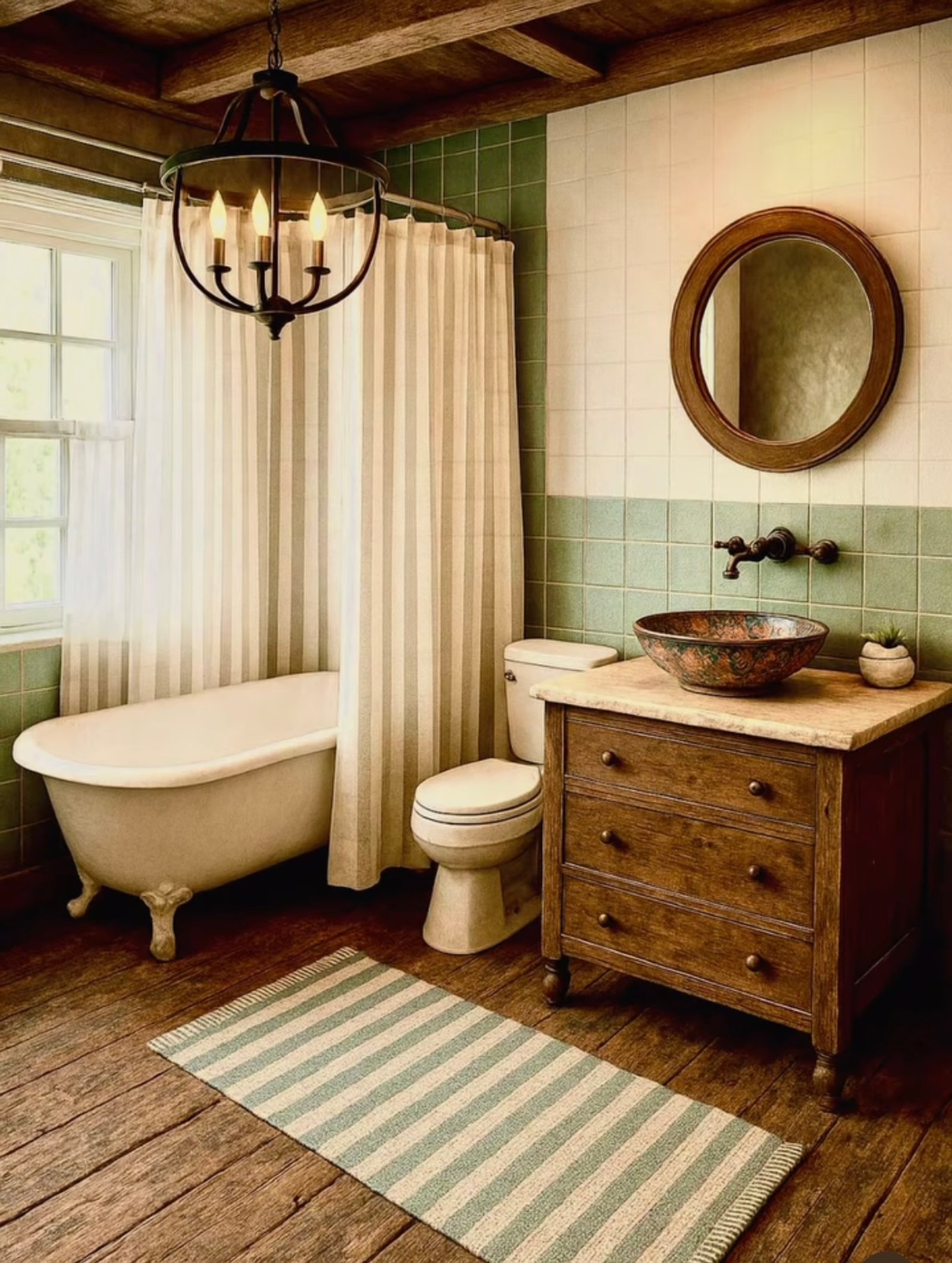 Baño rústico con bañera exenta, vigas de madera y tocador de madera — proyecto Do Cafe estancia Minas - Brasil, por Vc Neuro Design, en State of Minas Gerais