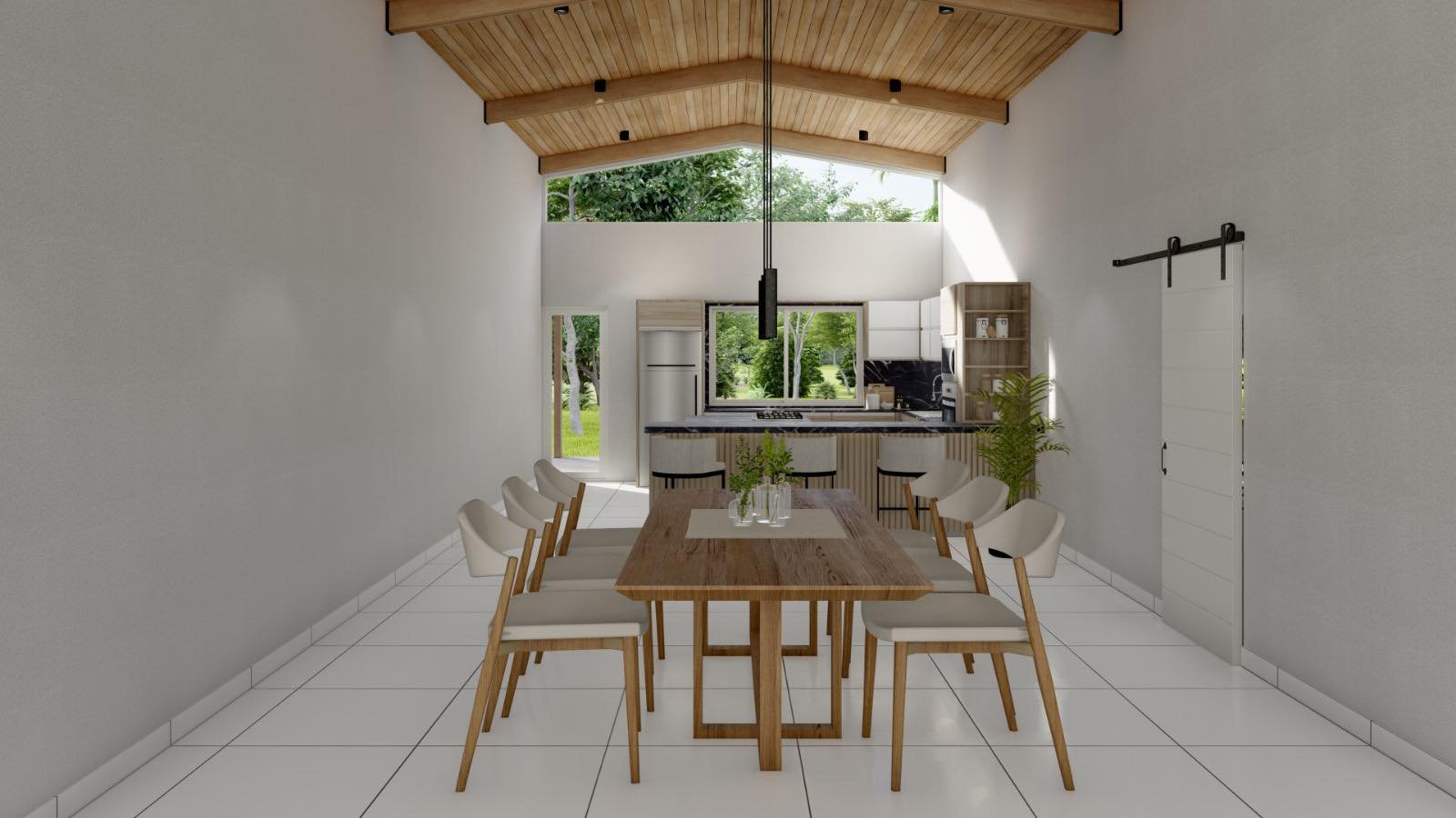 Sala de jantar moderna de pé-direito duplo com vigas de madeira e janelas — projeto Casa de Campo, por Arquitecto Gustavo Maidana, em Col. Santa Rosa