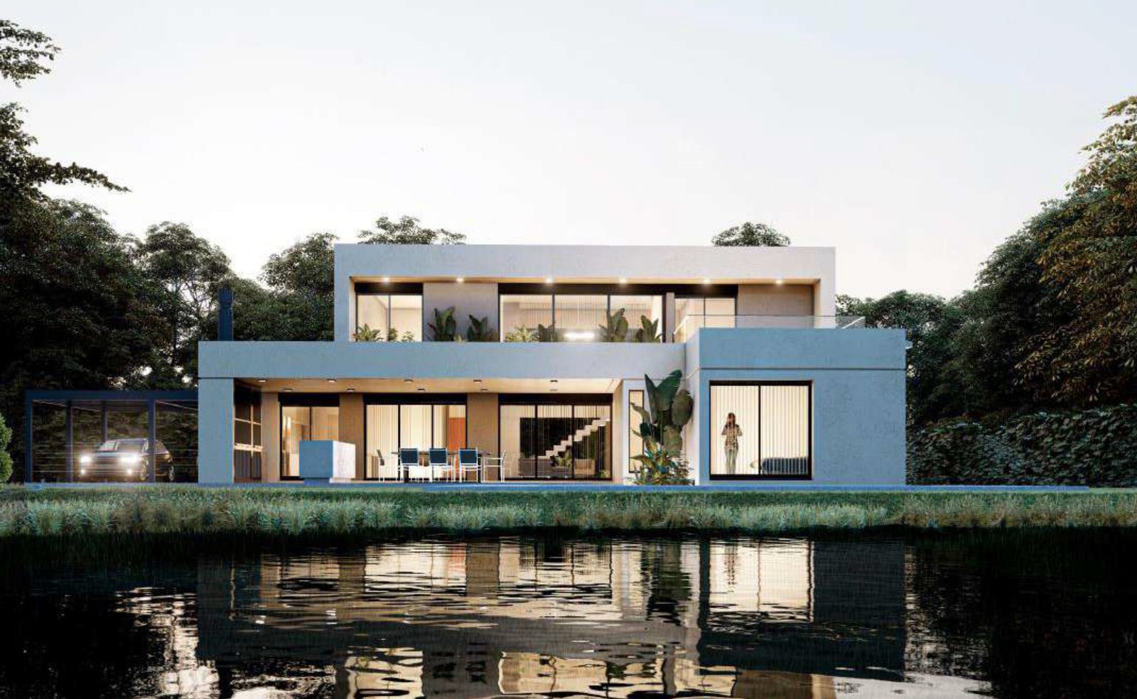 Casa moderna frente al agua con grandes ventanales y deck de madera — proyecto Casa SI, por MMCZ STUDIO, en La Pista 803