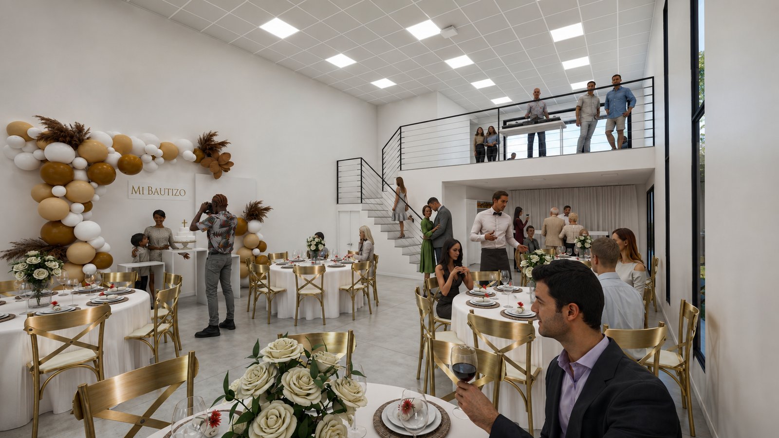 Salón comercial moderno con doble altura y escalera — proyecto Proyecto Carla, por WILSON ARQUITECTURA, en Manzone