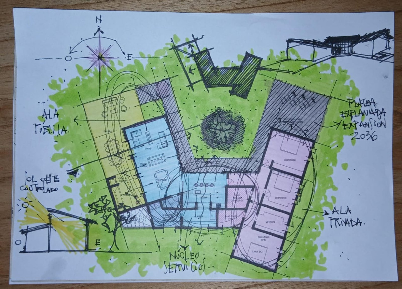 plano arquitectónico de casa moderna con patio central — proyecto La escondida, por Plasma co, en Neuquen