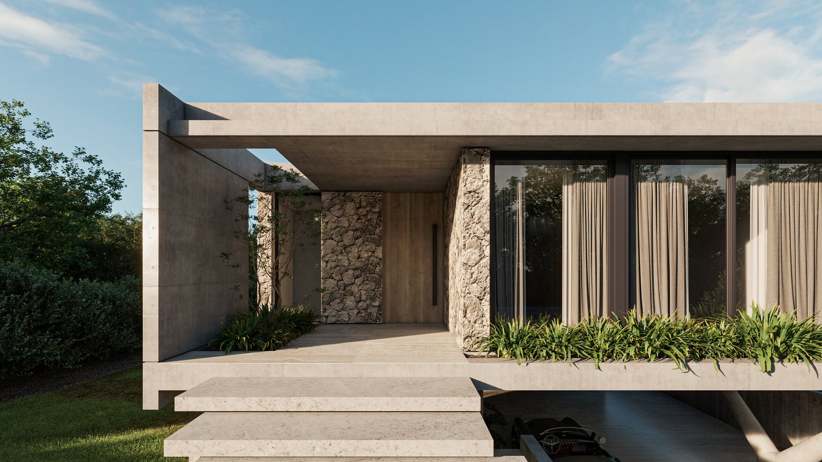 Fachada moderna con hormigón visto y piedra — proyecto Casa GOLF, por Grupo CRBN, en Ruta Panamericana Nº. 9