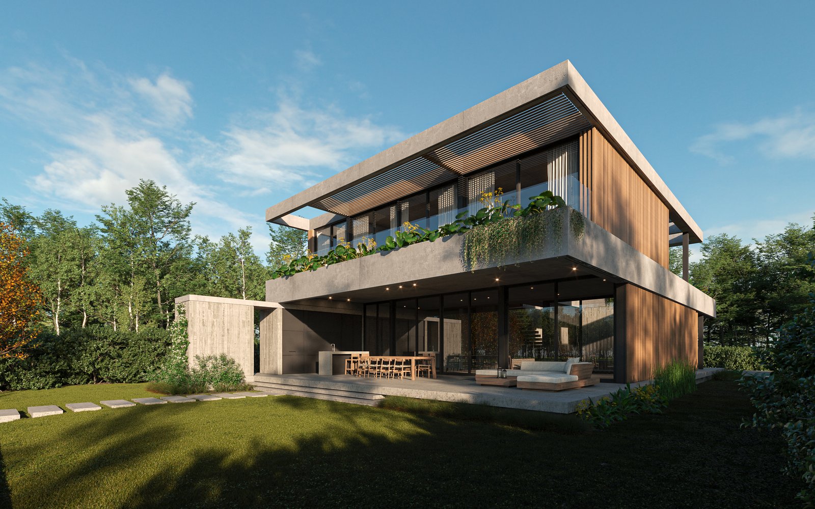 Casa moderna com fachada de madeira e vidro na floresta — projeto Casa PUERTOS, por Grupo CRBN, em Provincia de Buenos Aires