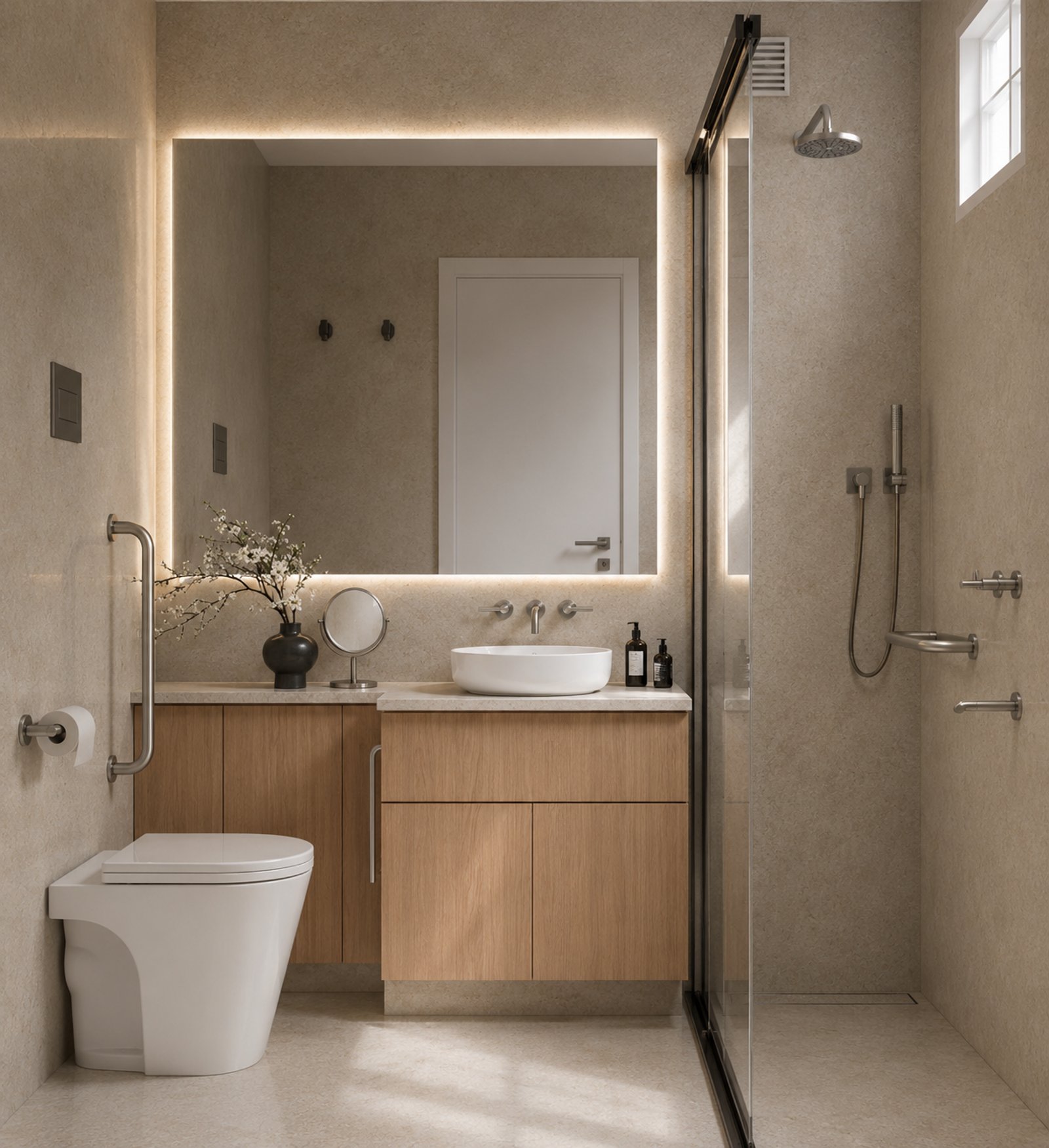 Baño moderno con vanitory de madera, bacha redonda y espejo retroiluminado — proyecto Reforma departamento minimalista , por Mela Deco Design, en Buenos Aires