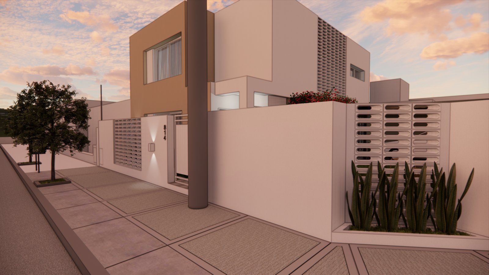 fachada moderna com volumes geometricos e vegetacao — projeto FACHADAS JS, por Todo con A, em X5125 Monte Cristo