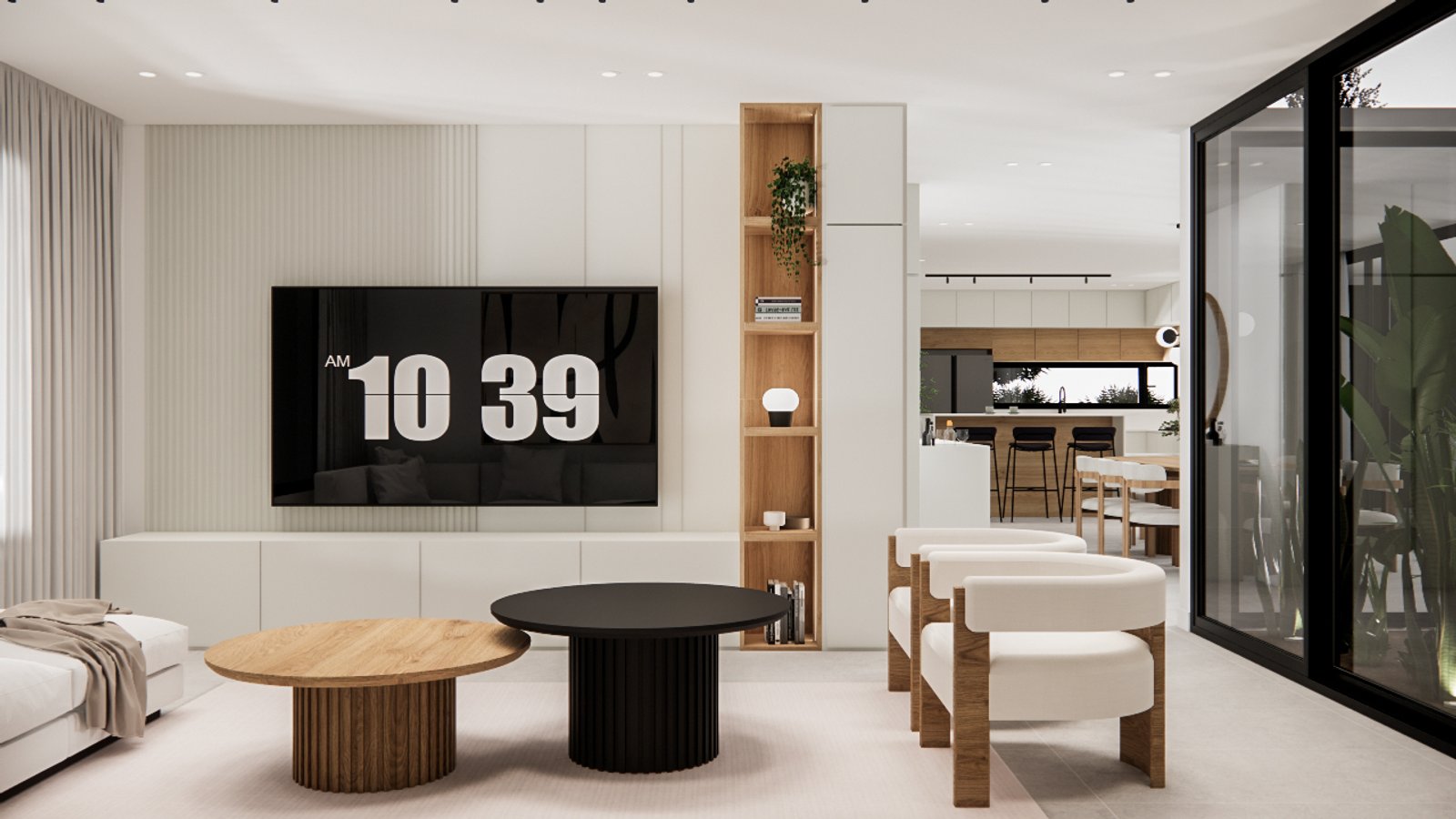 Living moderno con sofá gris y mesa de madera — proyecto Diseño elegante de estar y cocina, por Mela Deco Design, en Buenos Aires