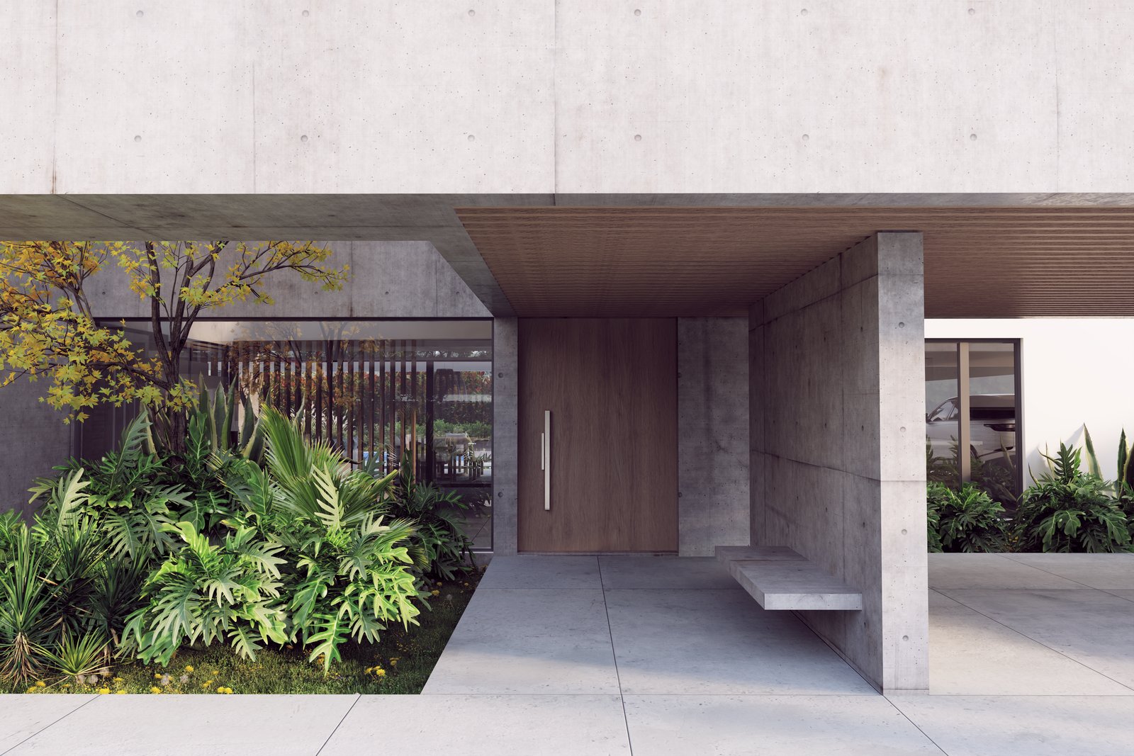 Entrada moderna con hormigón expuesto y vegetación exuberante — proyecto Proyecto Altos , por Juarez-Fevre Estudio de Arquitectura , en Pilar