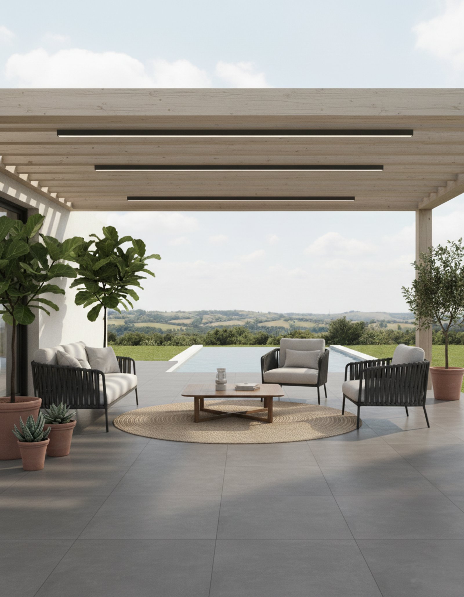 Terraza moderna con pérgola, piscina y vistas rurales — proyecto Piedra, por TENDENZA, en Buenos Aires