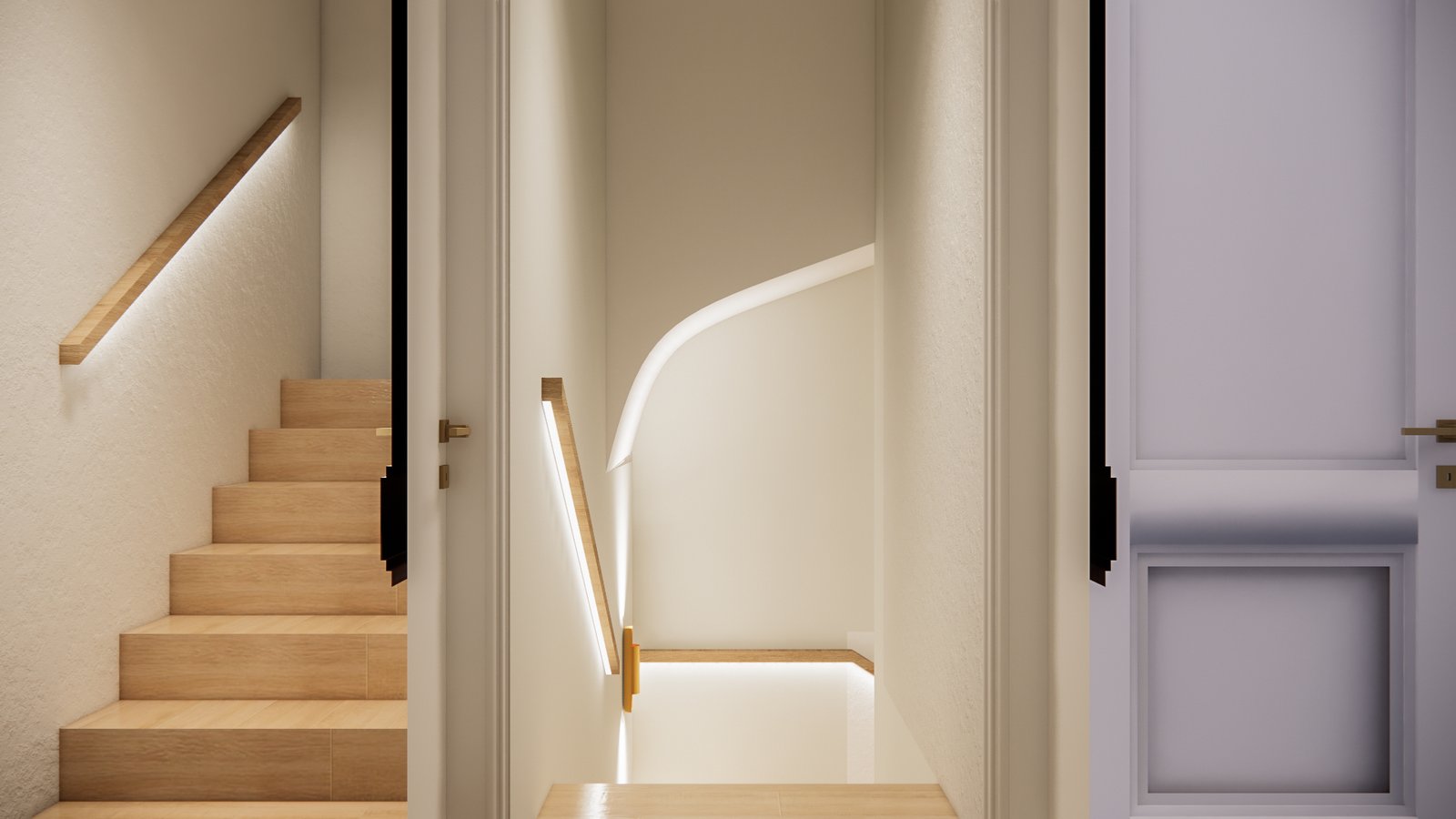 pasillo moderno con escalera flotante e iluminación indirecta — proyecto Diseño elegante de living , por Mela Deco Design, en Buenos Aires