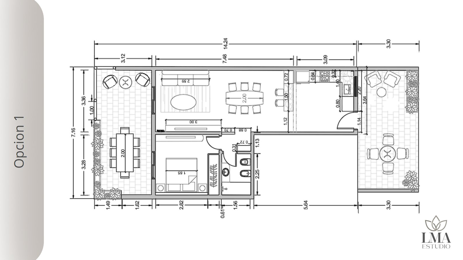 Plano arquitectónico de una casa moderna con medidas y distribución — proyecto A&A Dormi en Club de Campo, por LMA Estudio , en Provincia de Buenos Aires