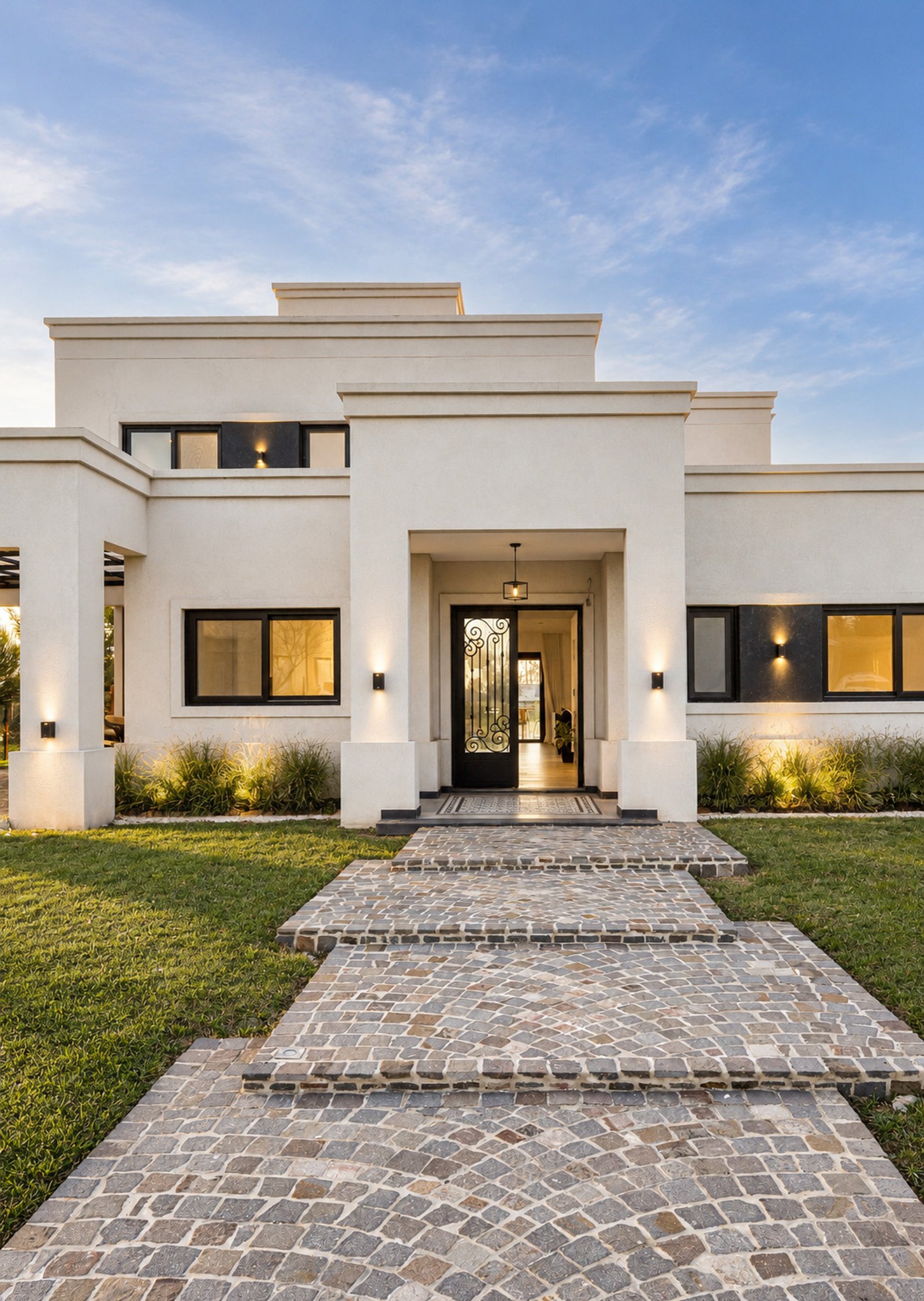 Fachada moderna blanca con camino de adoquines y puerta ornamental — proyecto SS45, por EZ architects, en Pilar