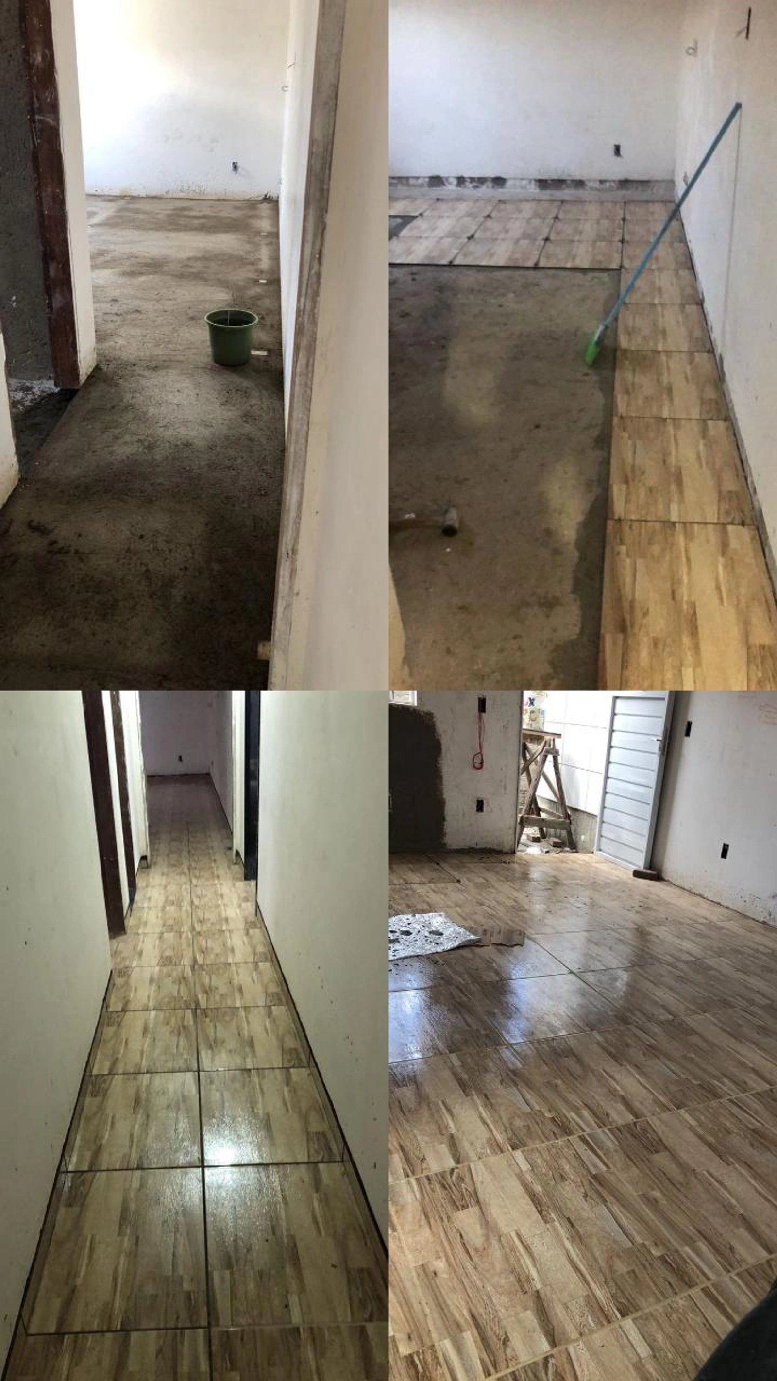 interior en obra con colocación de cerámica símil madera — proyecto Construimos sin limites , por EC Construcciones , en La Plata