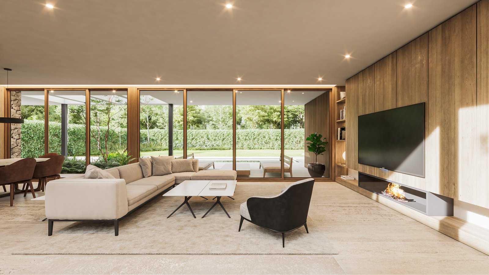 Living moderno con ventanales y madera, vista al jardín — proyecto Casa CITY, por Grupo CRBN, en City Bell