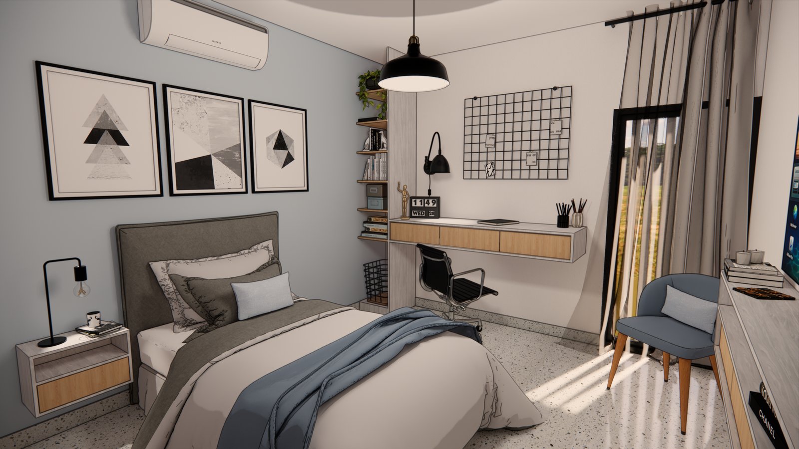 Dormitorio minimalista con arte geométrico y escritorio moderno — proyecto PROYECTO E&F, por Todo con A, en X5125 Monte Cristo