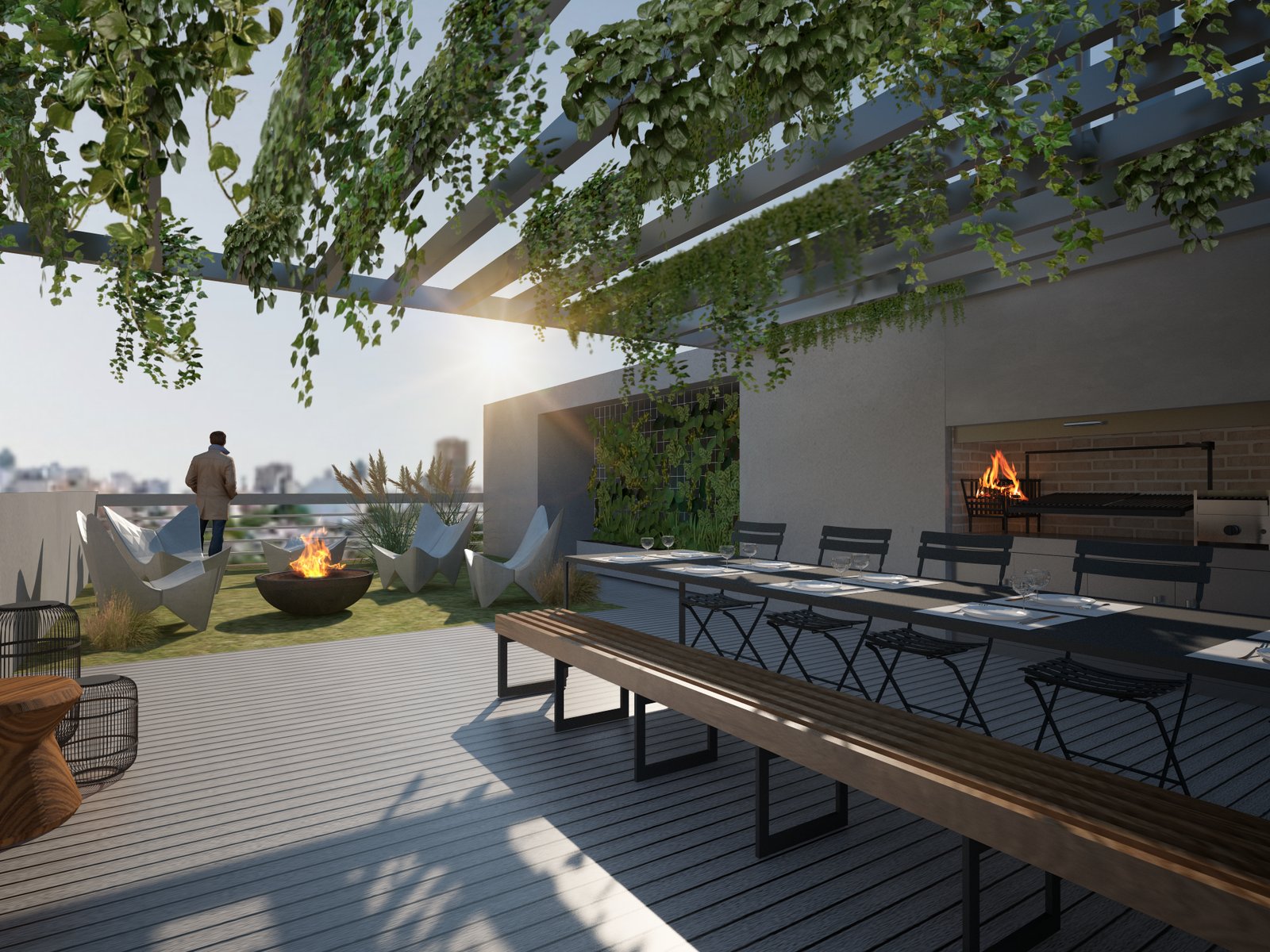 Terraza moderna con mucha vegetación colgante y pérgola — proyecto Edificio Complejo Araoz-Scalabrini, por LW Lopez Wolder arquitectos, en Av. Raúl Scalabrini Ortiz 1037
