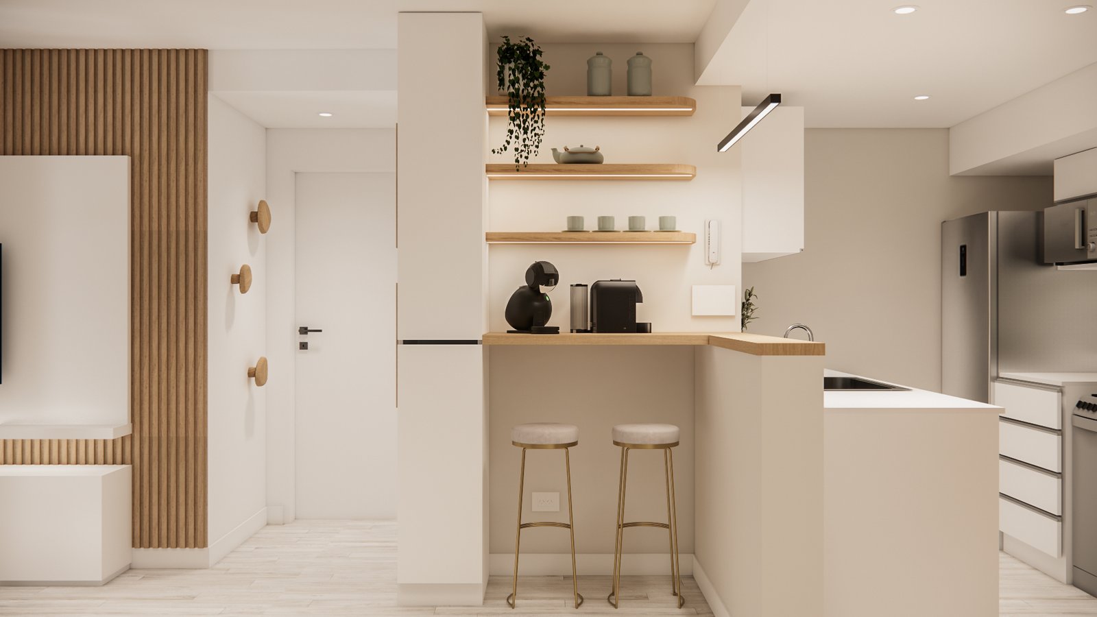 Cocina moderna escandinava con isla blanca y detalles en madera — proyecto Diseño de departamento cálido y funcional, por Mela Deco Design, en Buenos Aires