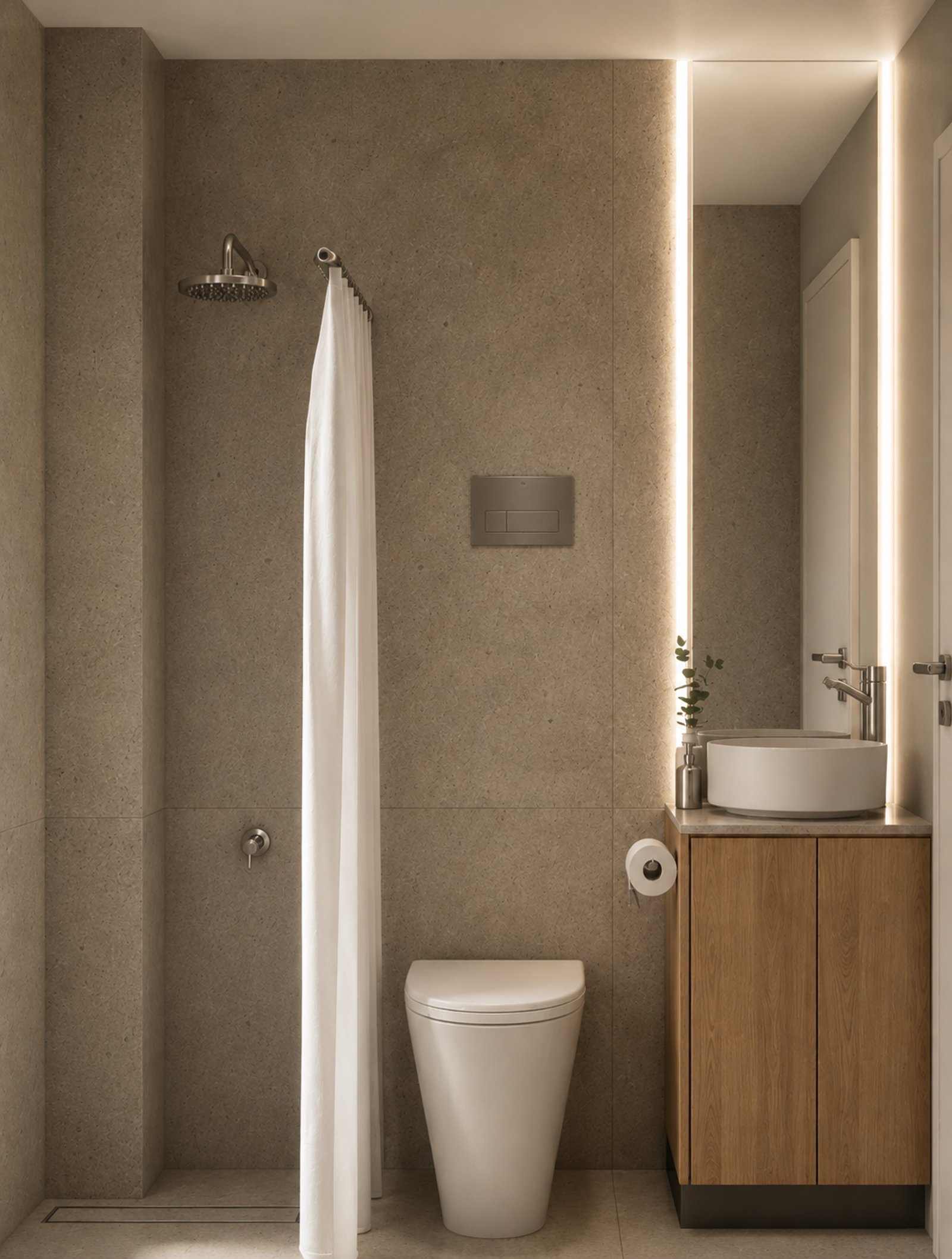 Baño moderno con paredes de piedra, mueble de madera y luz indirecta — proyecto Reforma departamento minimalista , por Mela Deco Design, en Buenos Aires