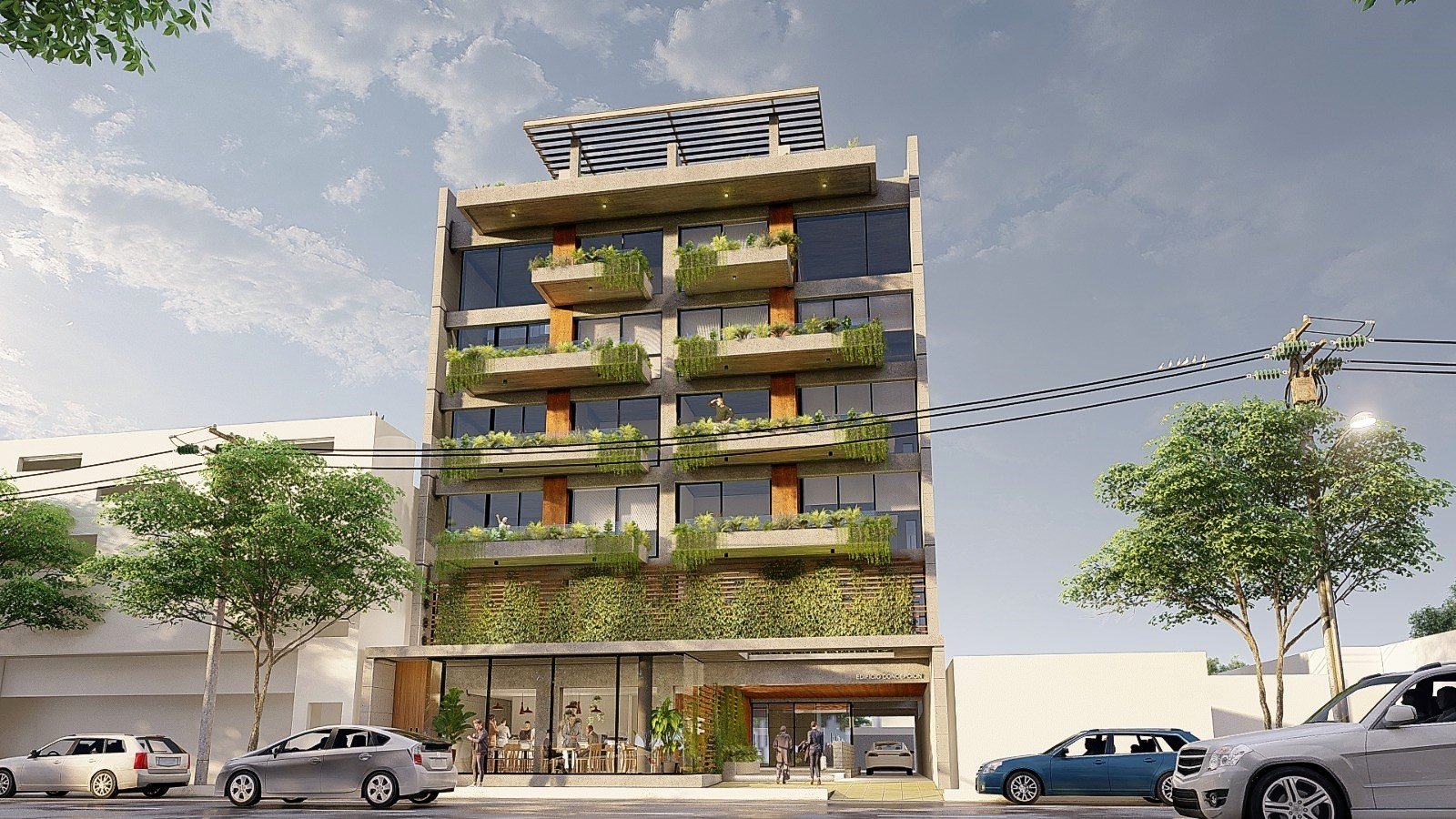 Fachada de edificio moderno con balcones escalonados y jardines verticales — proyecto PH CONCEPCION, por ML ARQUITECTURA / ARQ. MARIANO LEOTTA, en J5400 Concepción