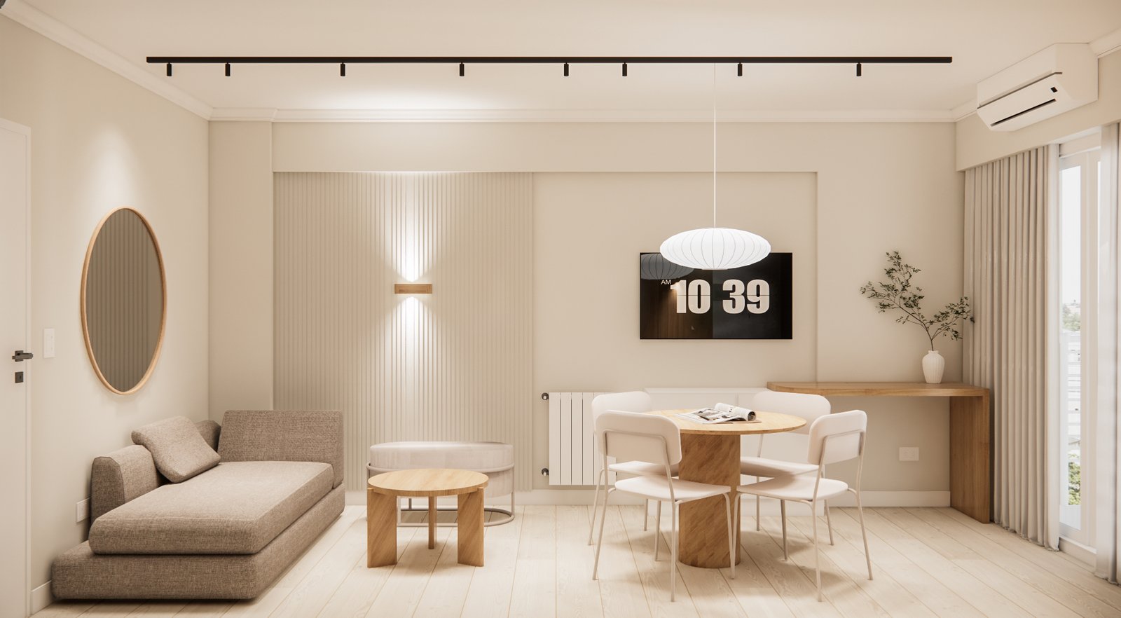 Living comedor moderno escandinavo con sofá gris y mesa redonda — proyecto Diseño de departamento funcional y acogedor, por Mela Deco Design, en Buenos Aires