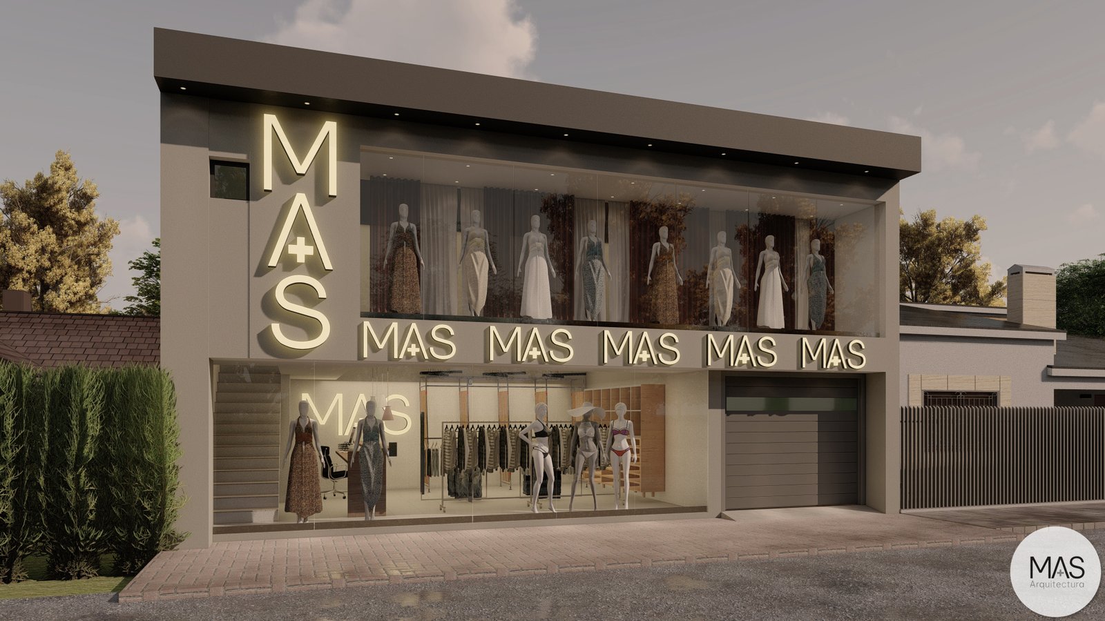 fachada comercial moderna com vitrine e logo iluminado — projeto Local Comercial Funes, por MAS Arquitectura, em Funes