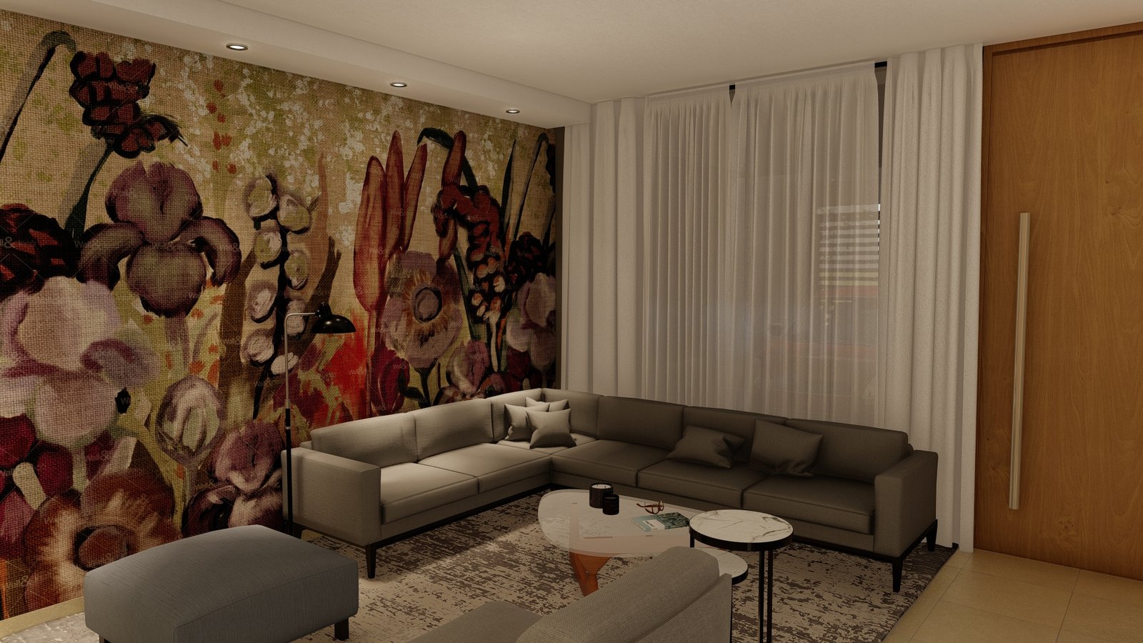 Sala de estar moderna com mural floral e sofás cinza — projeto Casa FG, por L8A | interiorismo & arquitectura, em Simón Bolívar 237