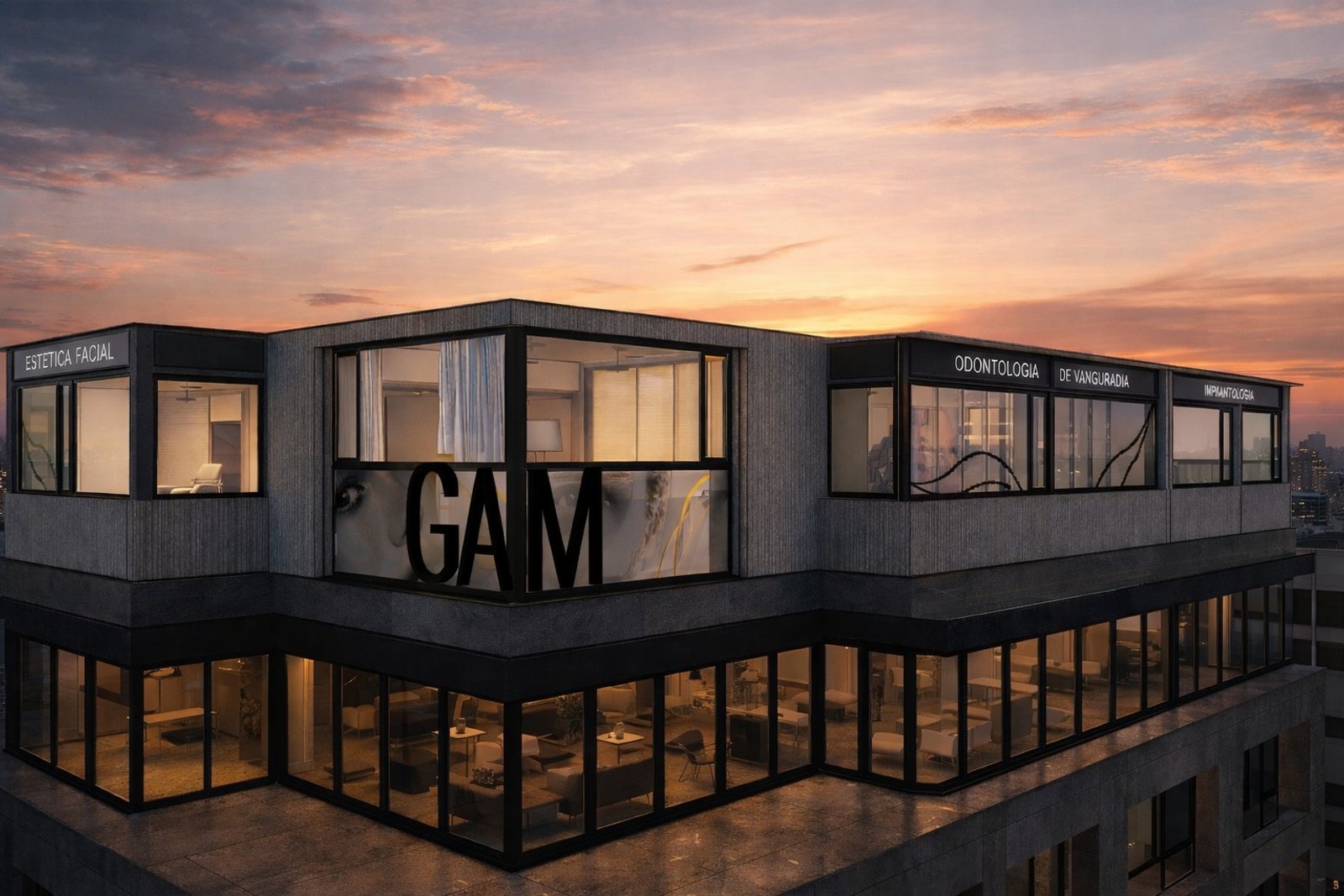 Fachada de edificio comercial moderno con cartel luminoso GAM — proyecto LABORATORIO CLINICA GAM, por Amorosi Espacios de Diseño, en Neuquén
